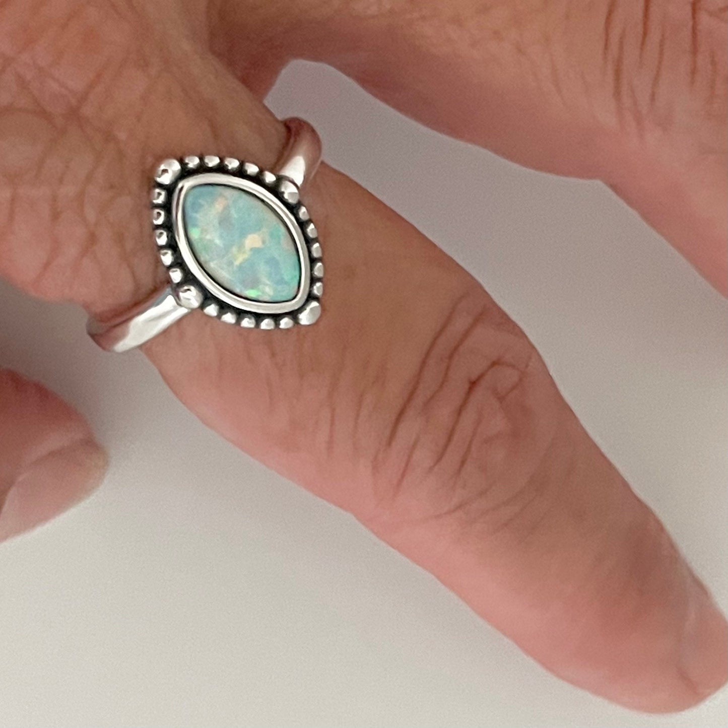 Fire Opal Diamond Shape Sterling Silver Ring, Boho Ring, Opal Ring, Beads Ring, Diamond Ring, Promise Ring, Silver Ring, Statement Ring.