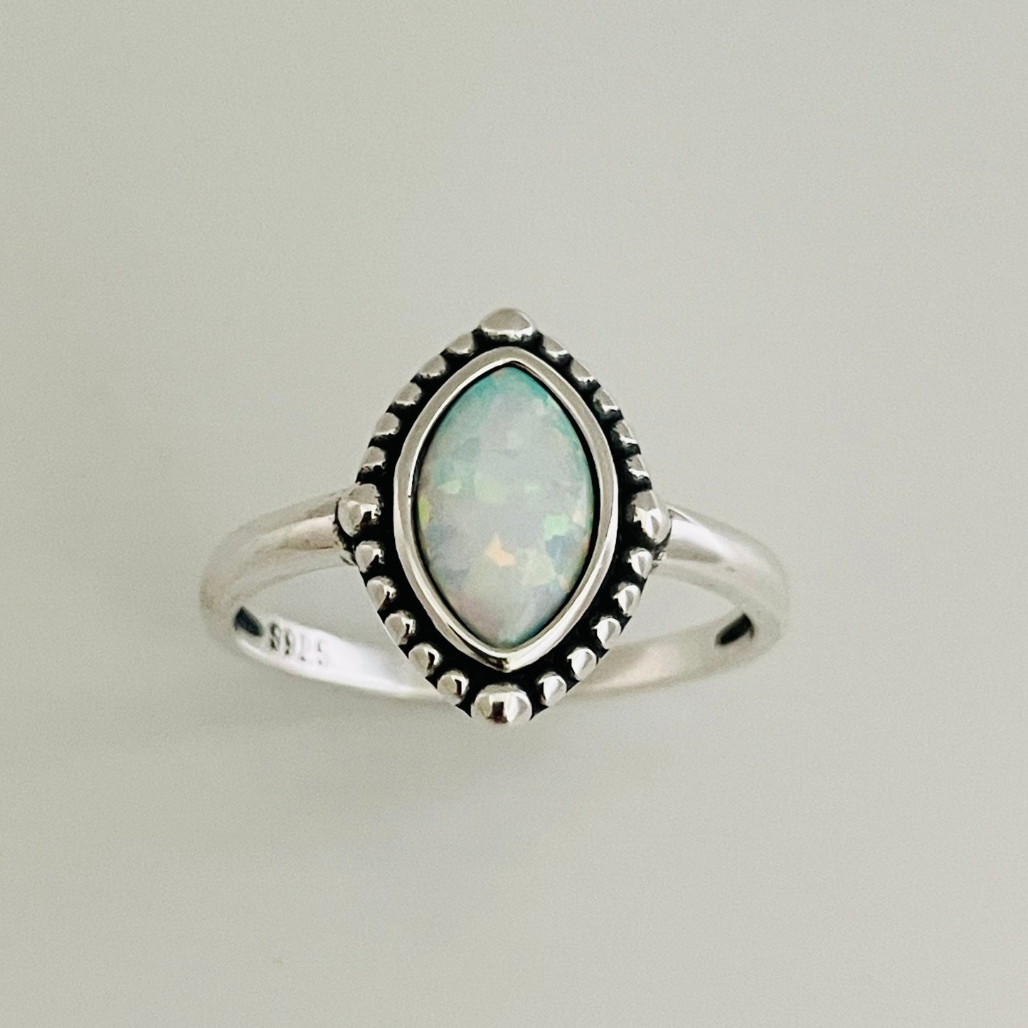 Fire Opal Diamond Shape Sterling Silver Ring, Boho Ring, Opal Ring, Beads Ring, Diamond Ring, Promise Ring, Silver Ring, Statement Ring.