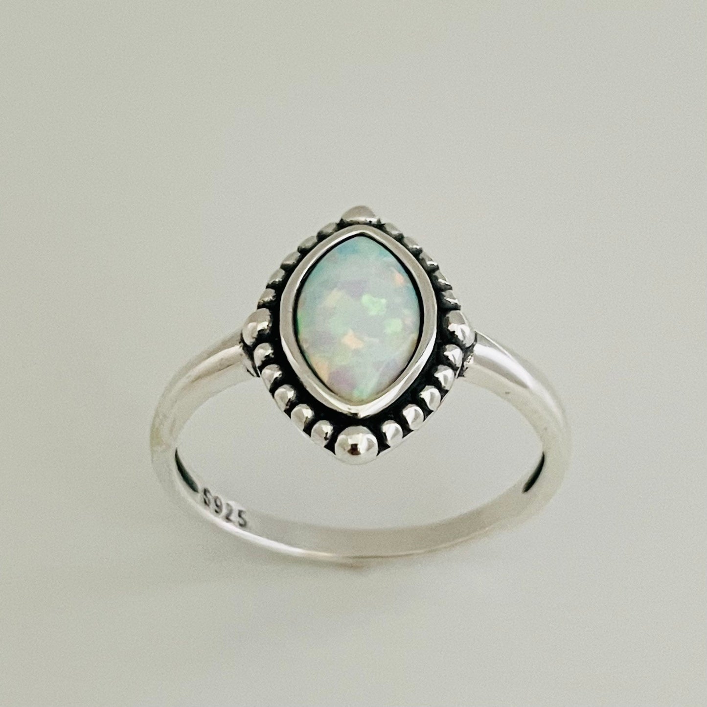 Fire Opal Diamond Shape Sterling Silver Ring, Boho Ring, Opal Ring, Beads Ring, Diamond Ring, Promise Ring, Silver Ring, Statement Ring.