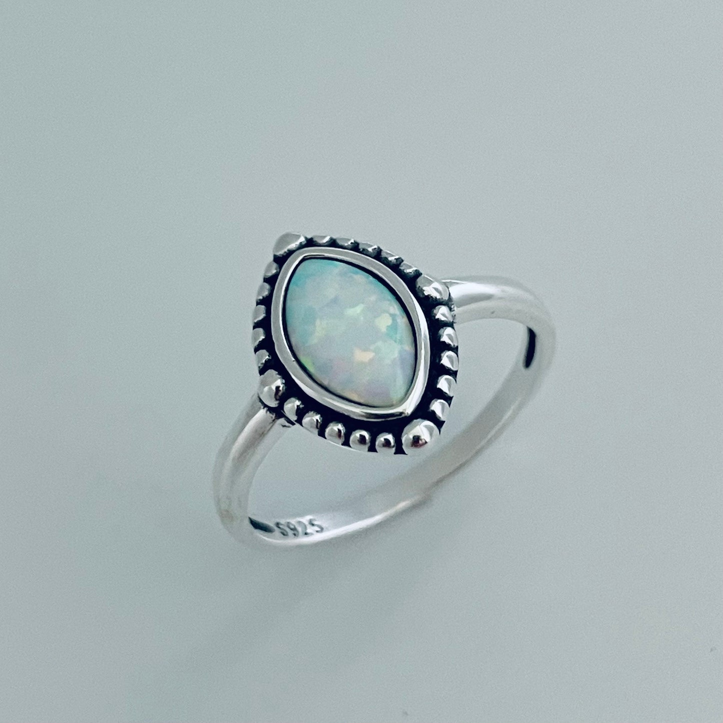 Fire Opal Diamond Shape Sterling Silver Ring, Boho Ring, Opal Ring, Beads Ring, Diamond Ring, Promise Ring, Silver Ring, Statement Ring.