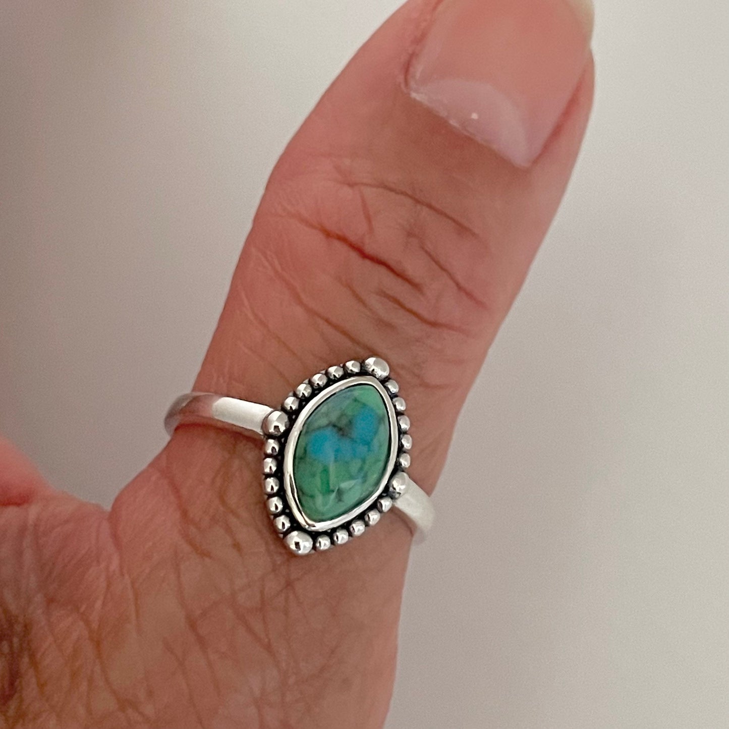 Sterling Silver Genuine Turquoise Ring, Diamond Shape Ring, Opal Beads Ring, Boho Ring, Turquoise Beads Ring, Love Ring, Promise Opal Ring.