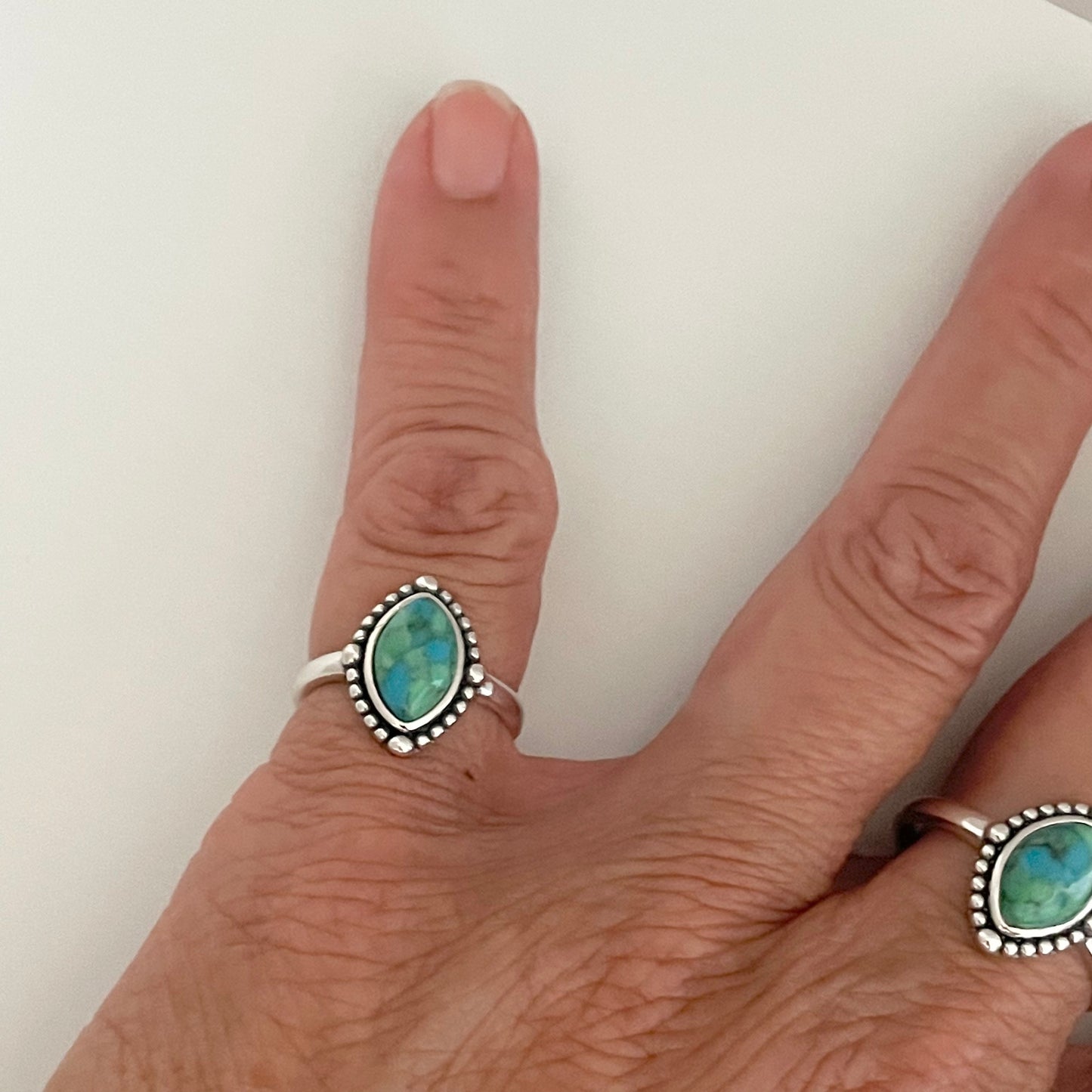 Sterling Silver Genuine Turquoise Ring, Diamond Shape Ring, Opal Beads Ring, Boho Ring, Turquoise Beads Ring, Love Ring, Promise Opal Ring.