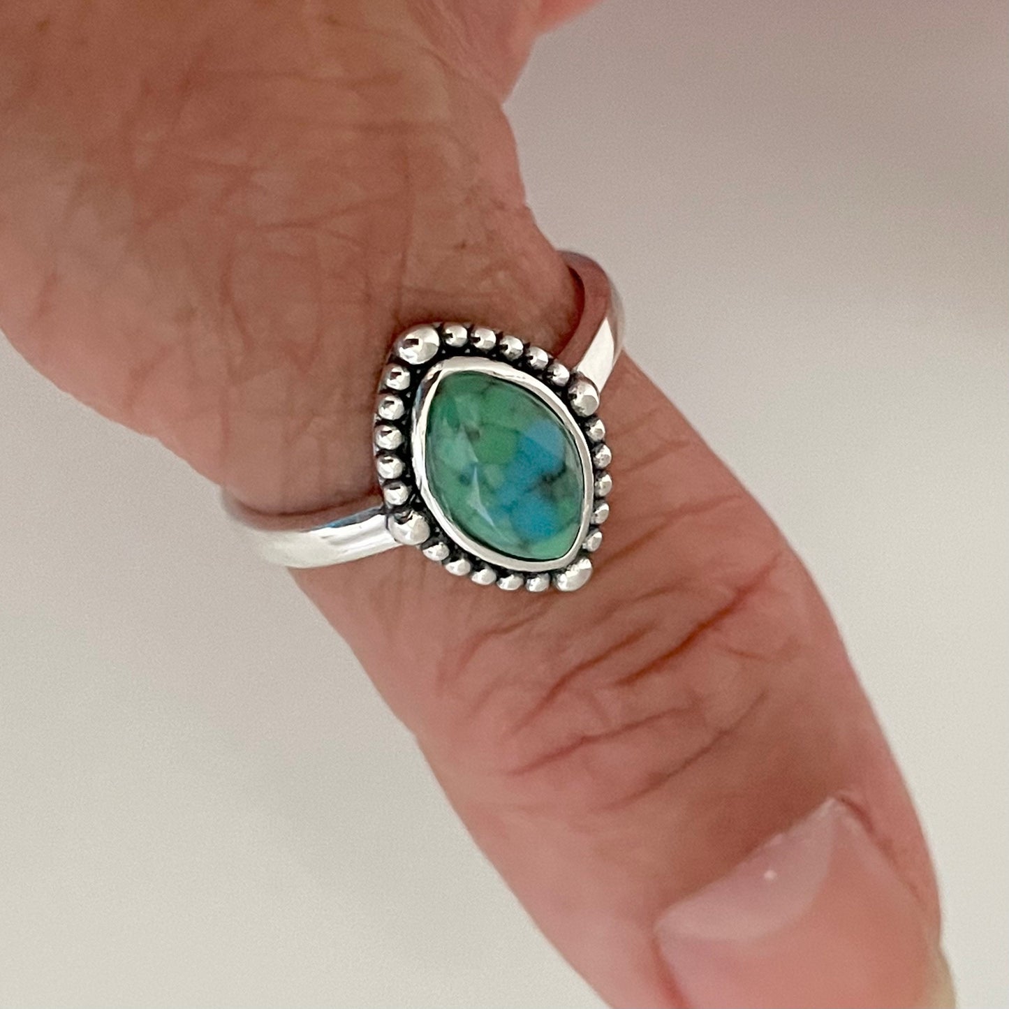 Sterling Silver Genuine Turquoise Ring, Diamond Shape Ring, Opal Beads Ring, Boho Ring, Turquoise Beads Ring, Love Ring, Promise Opal Ring.