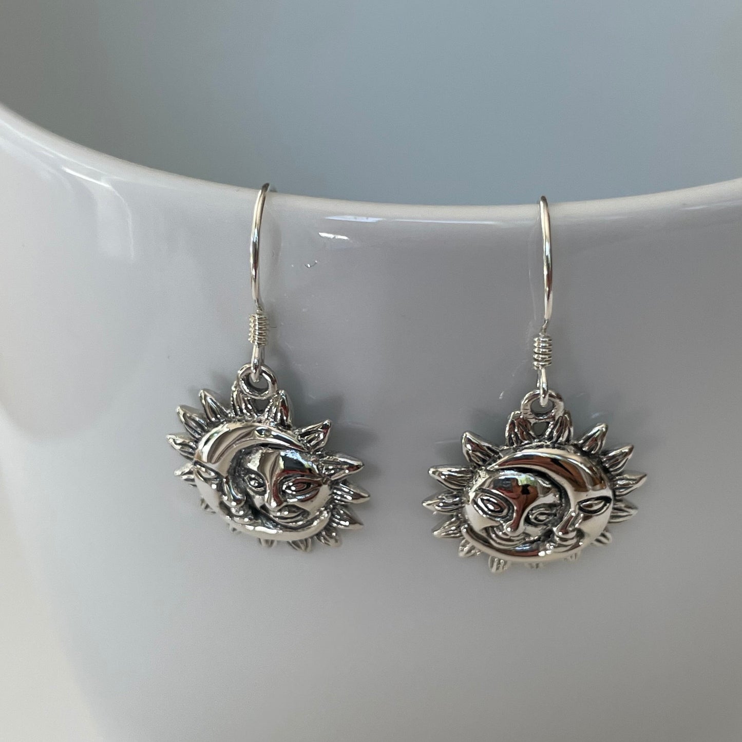 Sterling Silver Sun & Moon Face Dangling Earrings: Celestial Boho Jewelry