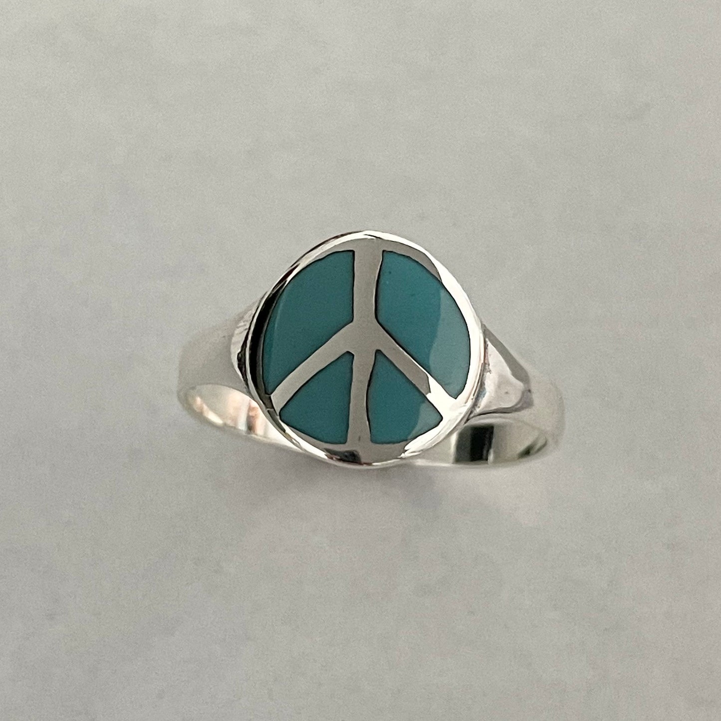 Sterling Silver Simulated Turquoise Peace Sign Ring: Boho Hippie Jewelry