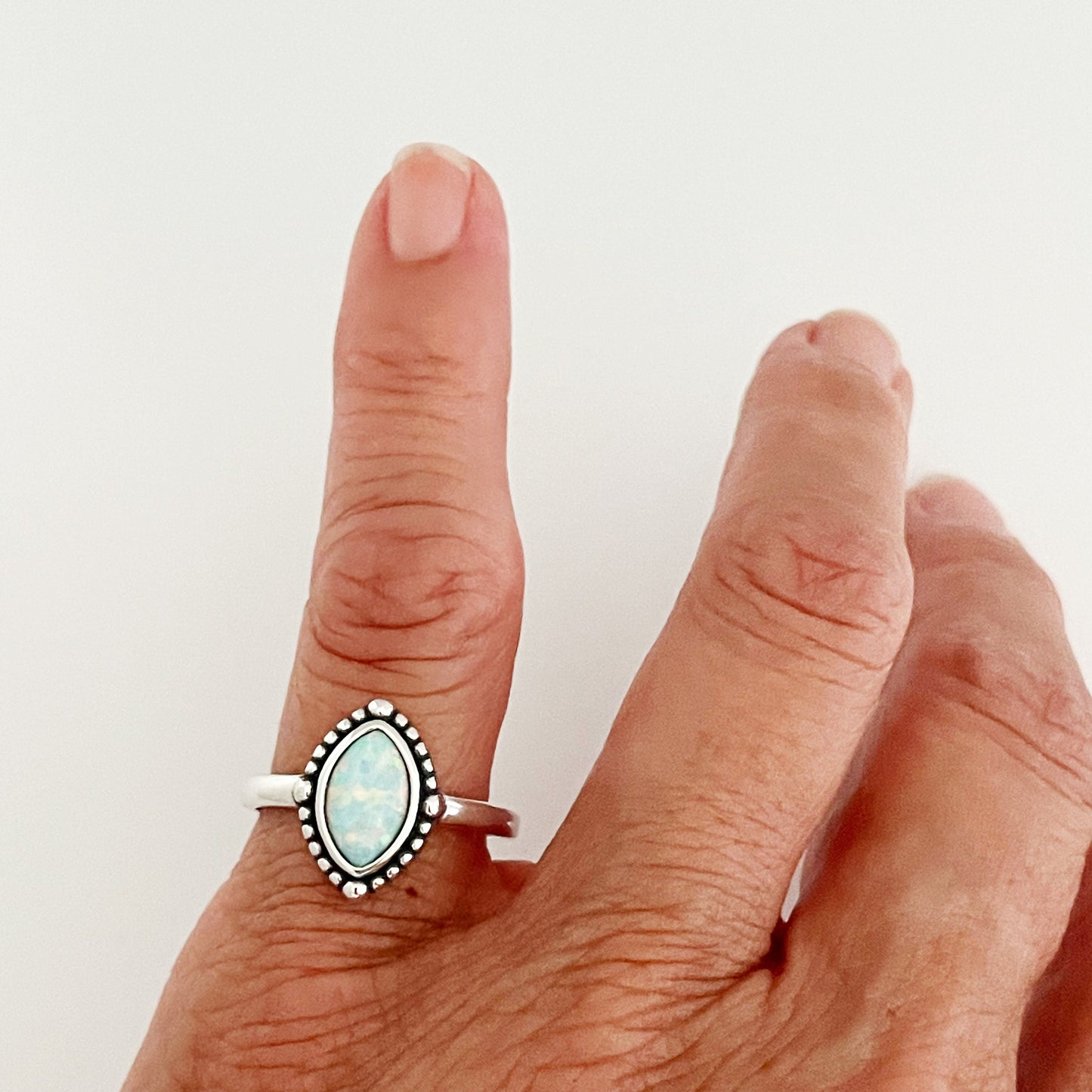 Fire Opal Diamond Shape Sterling Silver Ring, Boho Ring, Opal Ring, Beads Ring, Diamond Ring, Promise Ring, Silver Ring, Statement Ring.