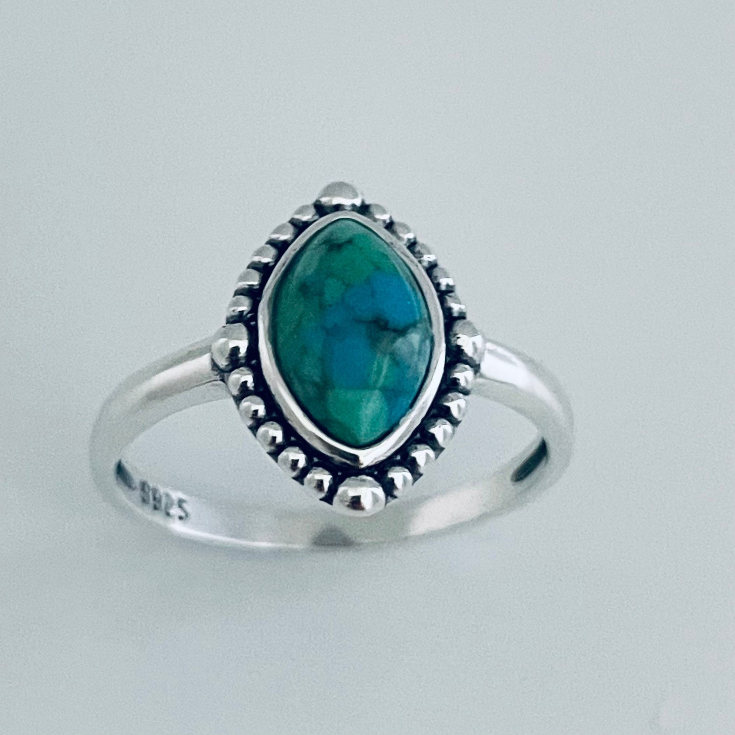 Sterling Silver Genuine Turquoise Ring, Diamond Shape Ring, Opal Beads Ring, Boho Ring, Turquoise Beads Ring, Love Ring, Promise Opal Ring.