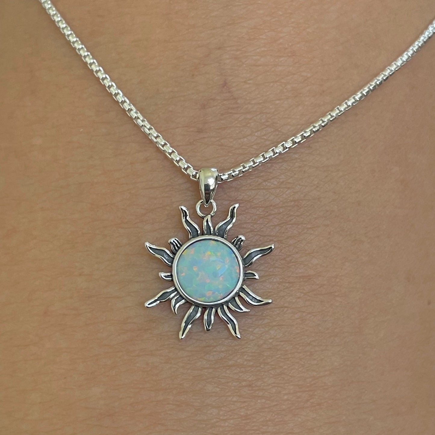 Sterling Silver White Lab Opal Dazzling Sun Pendant with Necklace, Silver Chain, Sunshine Necklace, Opal Pendant, Silver Necklace.
