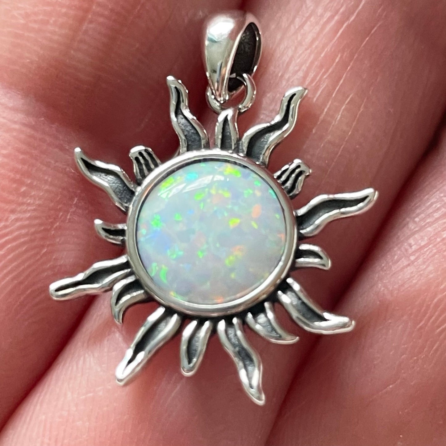 Sterling Silver White Lab Opal Dazzling Sun Pendant with Necklace, Silver Chain, Sunshine Necklace, Opal Pendant, Silver Necklace.