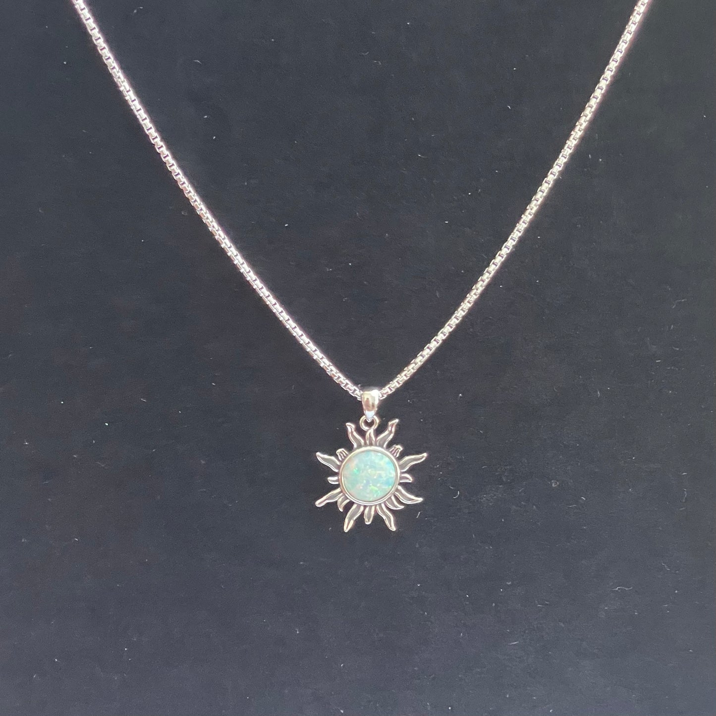 Sterling Silver White Lab Opal Dazzling Sun Pendant with Necklace, Silver Chain, Sunshine Necklace, Opal Pendant, Silver Necklace.