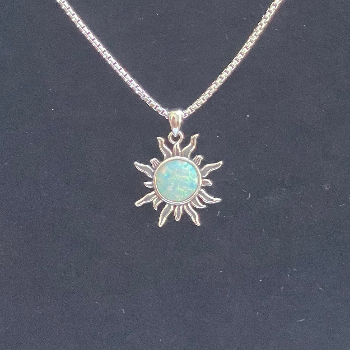Sterling Silver White Lab Opal Dazzling Sun Pendant with Necklace, Silver Chain, Sunshine Necklace, Opal Pendant, Silver Necklace.