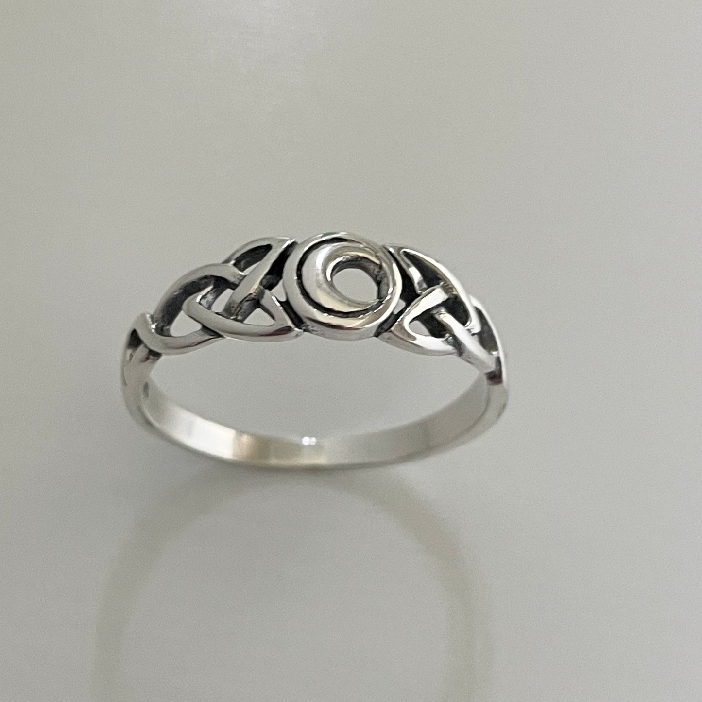 Sterling Silver Celtic Knot Ring: Small Crescent Moon, Delicate Band