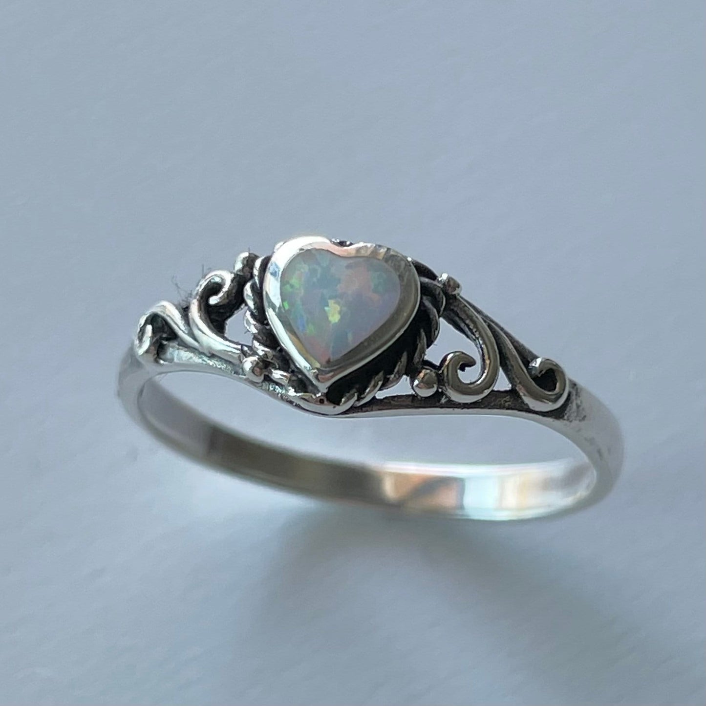 Sterling Silver White Lab Opal Heart Ring: Swirl Boho Ring