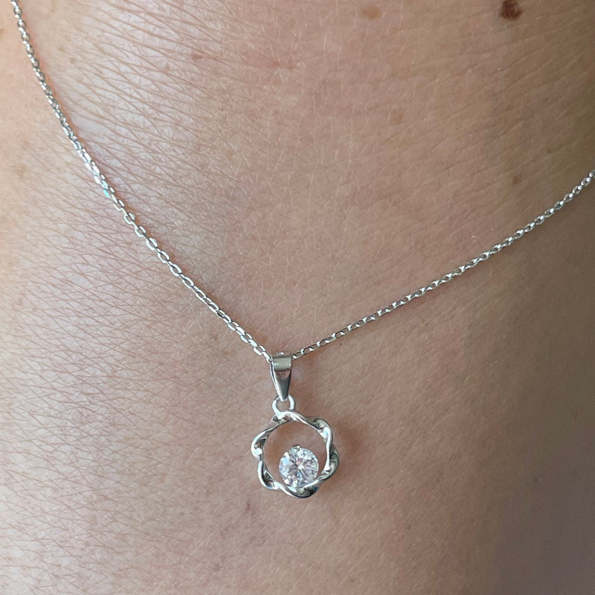 Sterling silver CZ necklace, silver swirly round pendant, promise CZ silver pendant, Cubic Zirconia pendant, CZ around silver necklace,