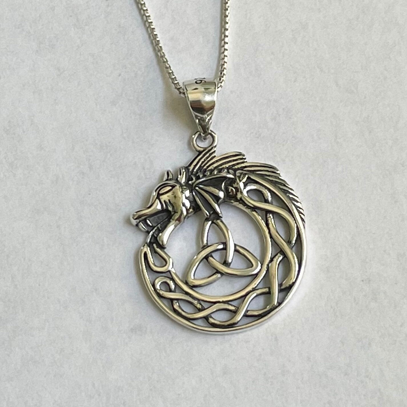 Unisex Celtic Triquetra with Dragon Sterling Silver Necklace, Dragon Necklace, Celtic Necklace, Silver Necklace, Trinity Knot Necklace