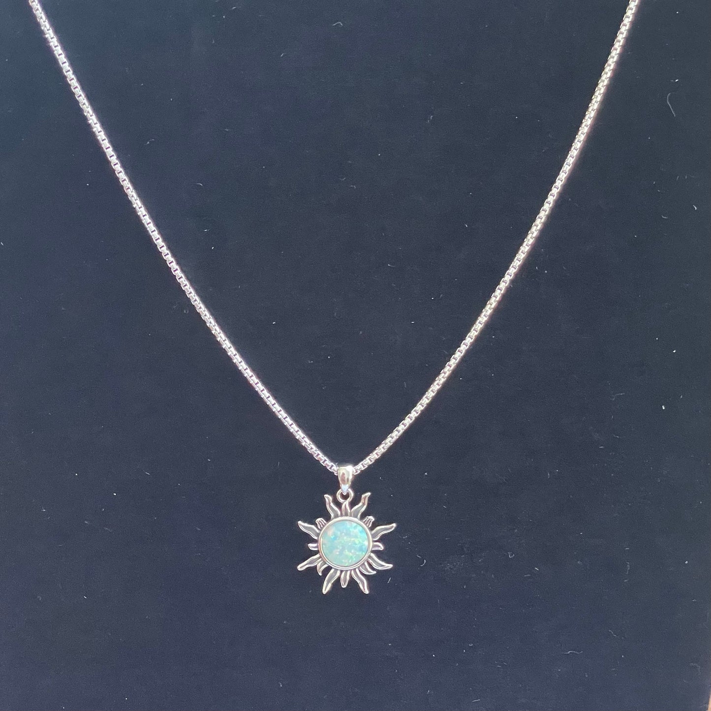 Sterling Silver White Lab Opal Dazzling Sun Pendant with Necklace, Silver Chain, Sunshine Necklace, Opal Pendant, Silver Necklace.