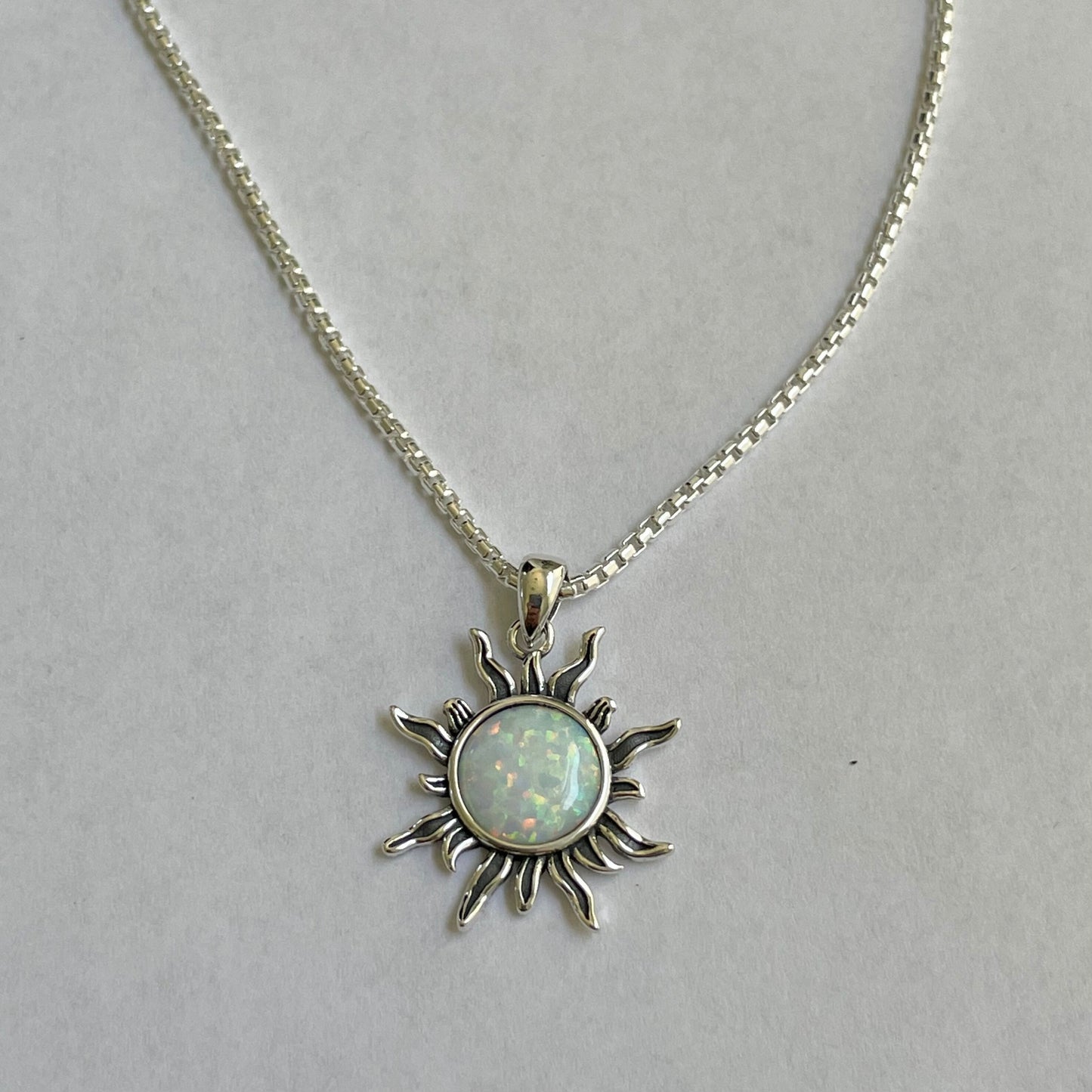 Sterling Silver White Lab Opal Dazzling Sun Pendant with Necklace, Silver Chain, Sunshine Necklace, Opal Pendant, Silver Necklace.
