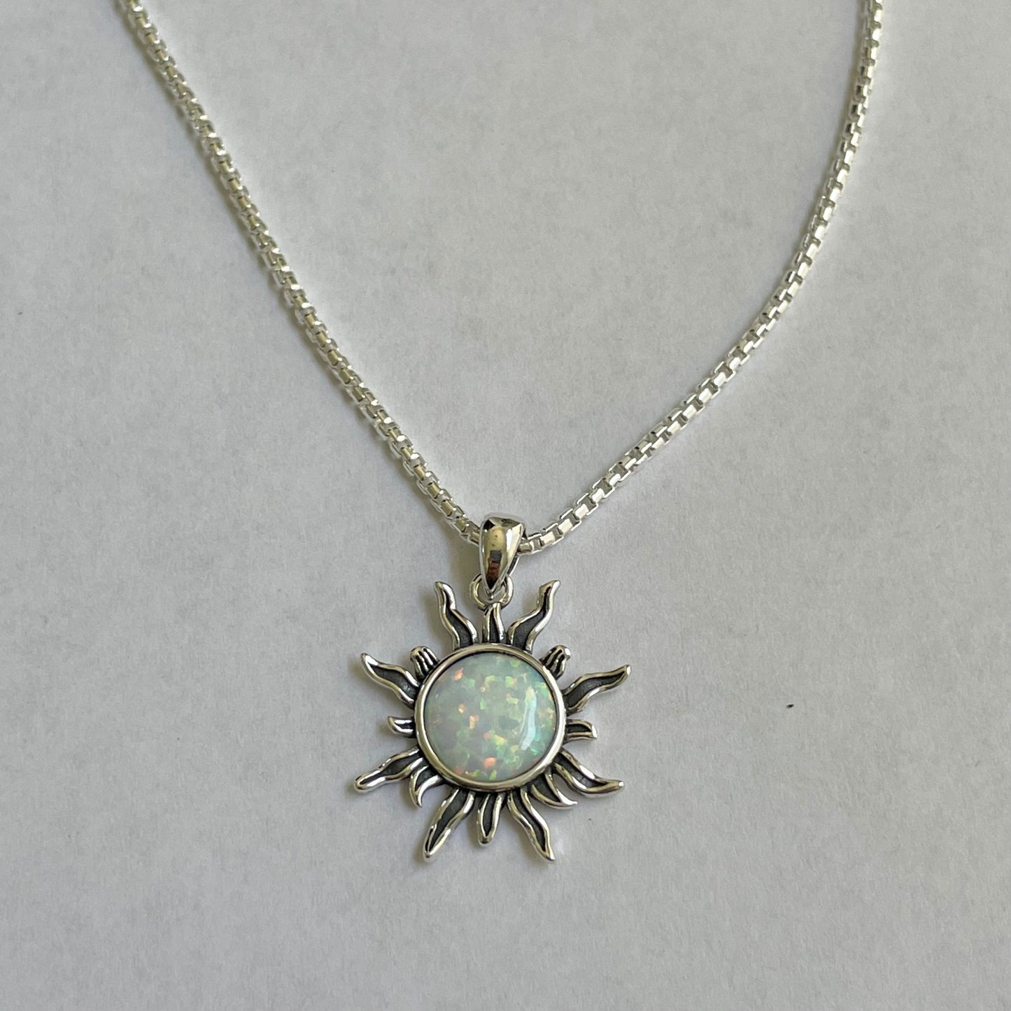 Sterling Silver White Lab Opal Sun Pendant Necklace