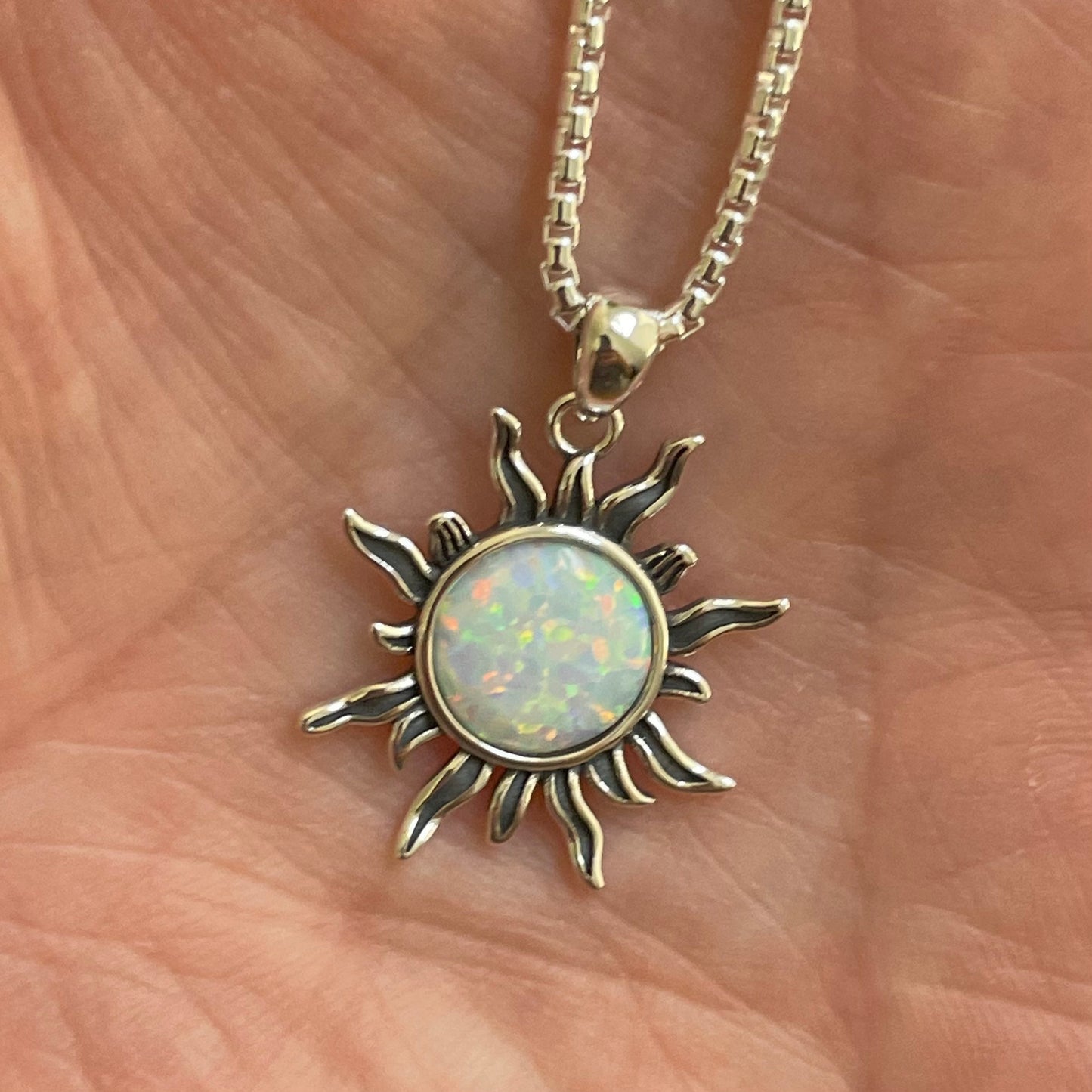 Sterling Silver White Lab Opal Dazzling Sun Pendant with Necklace, Silver Chain, Sunshine Necklace, Opal Pendant, Silver Necklace.