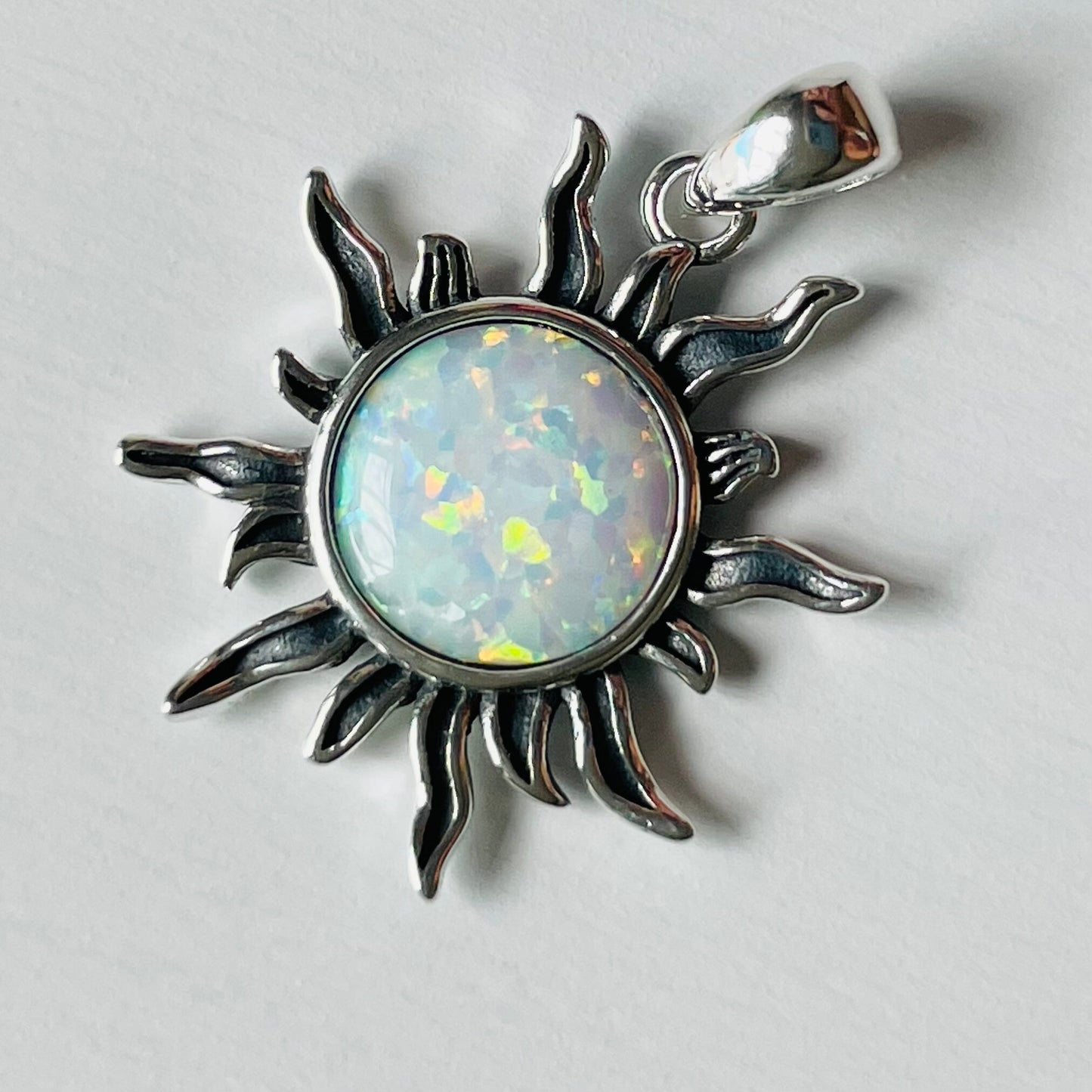 Sterling Silver White Lab Opal Dazzling Sun Pendant with Necklace, Silver Chain, Sunshine Necklace, Opal Pendant, Silver Necklace.