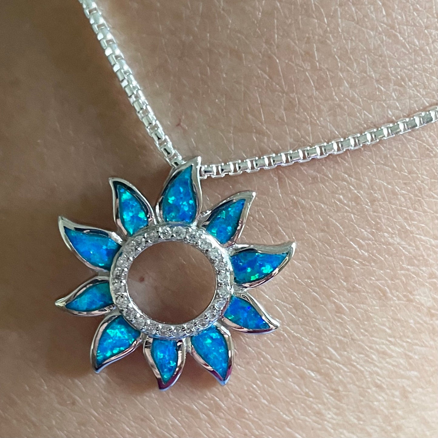 Sunflower Blue Opal Sterling Silver Pendant Necklace, Sun Chain, Sunflower Necklace, Sun Necklace, Opal Pendant, Silver Necklace, CZ Pendant