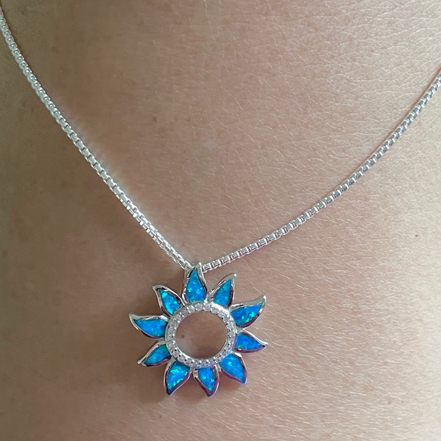 Sunflower Blue Opal Sterling Silver Pendant Necklace, Sun Chain, Sunflower Necklace, Sun Necklace, Opal Pendant, Silver Necklace, CZ Pendant