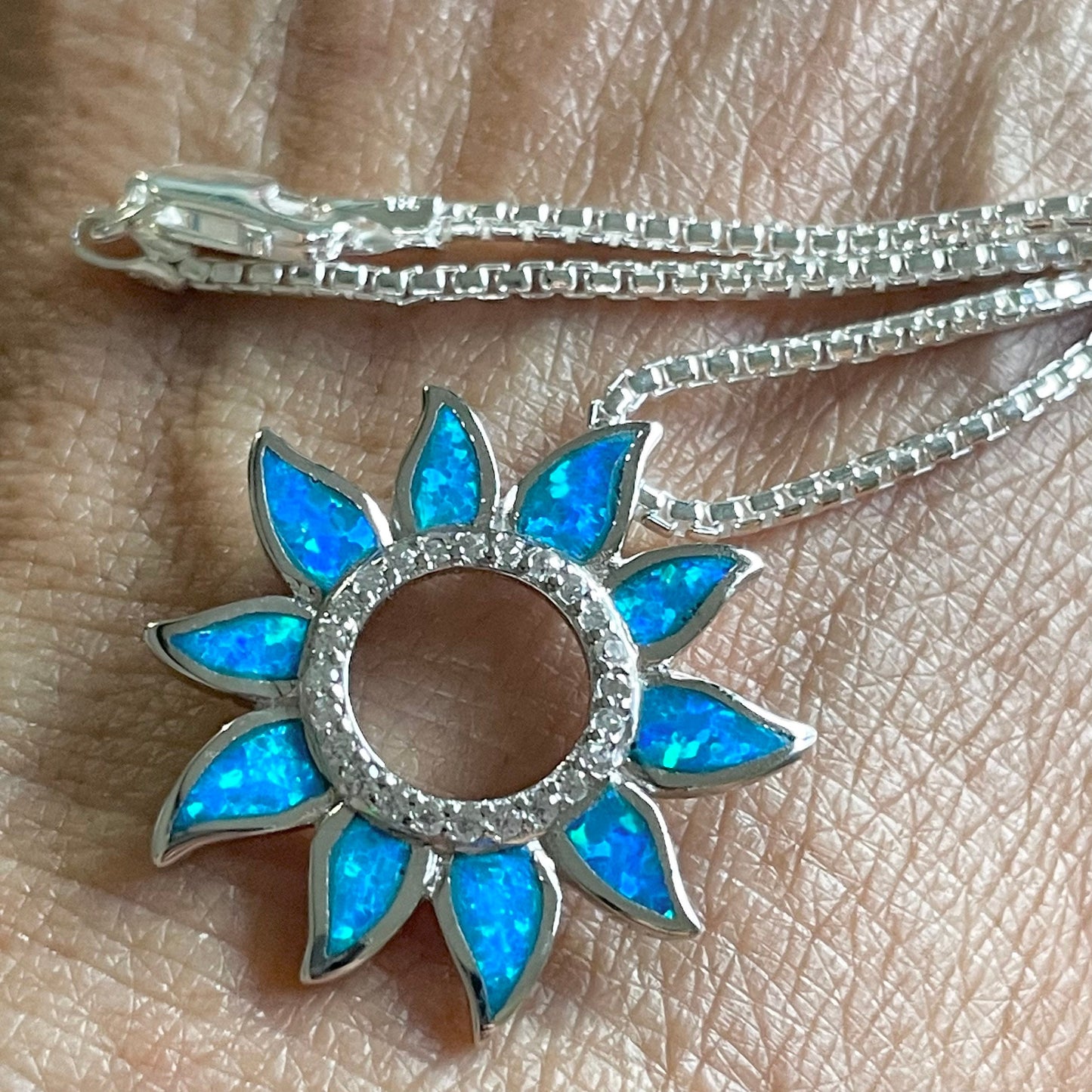 Sunflower Blue Opal Sterling Silver Pendant Necklace, Sun Chain, Sunflower Necklace, Sun Necklace, Opal Pendant, Silver Necklace, CZ Pendant
