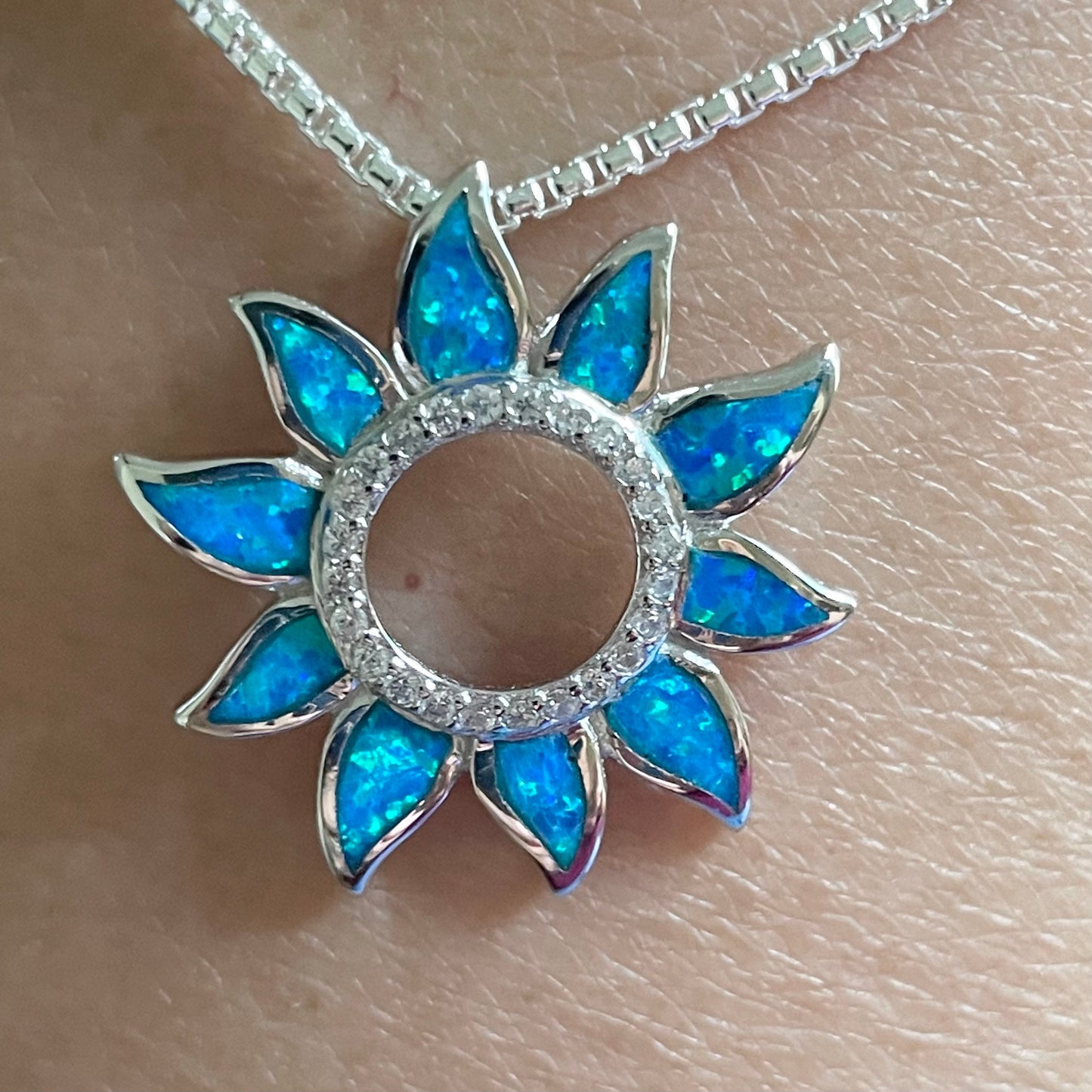 Sunflower Blue Opal Sterling Silver Pendant Necklace, Sun Chain, Sunflower Necklace, Sun Necklace, Opal Pendant, Silver Necklace, CZ Pendant