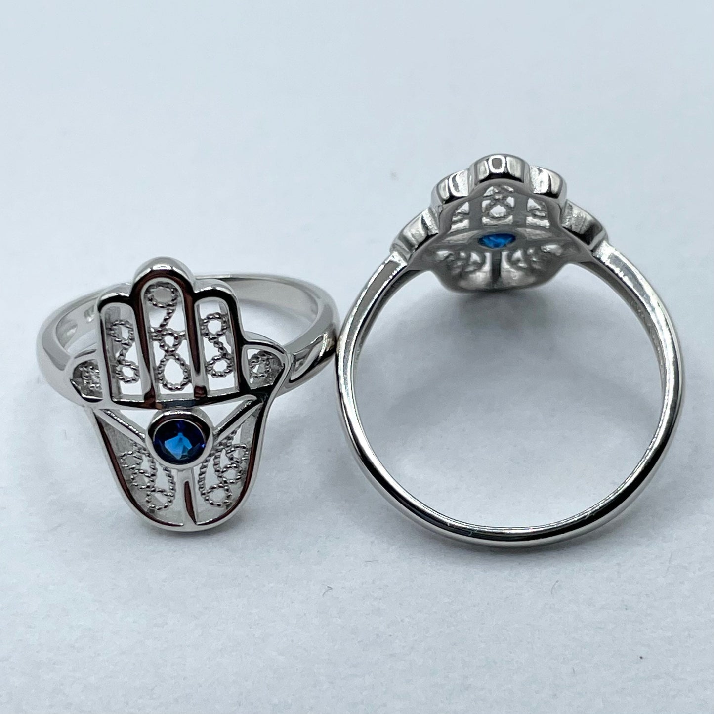Sterling Silver Hamsa small Blue Sapphire Ring, Hand of God Ring, Hamsa Hand Silver Ring, Protective Silver Ring, Silver Blue Sapphire Ring