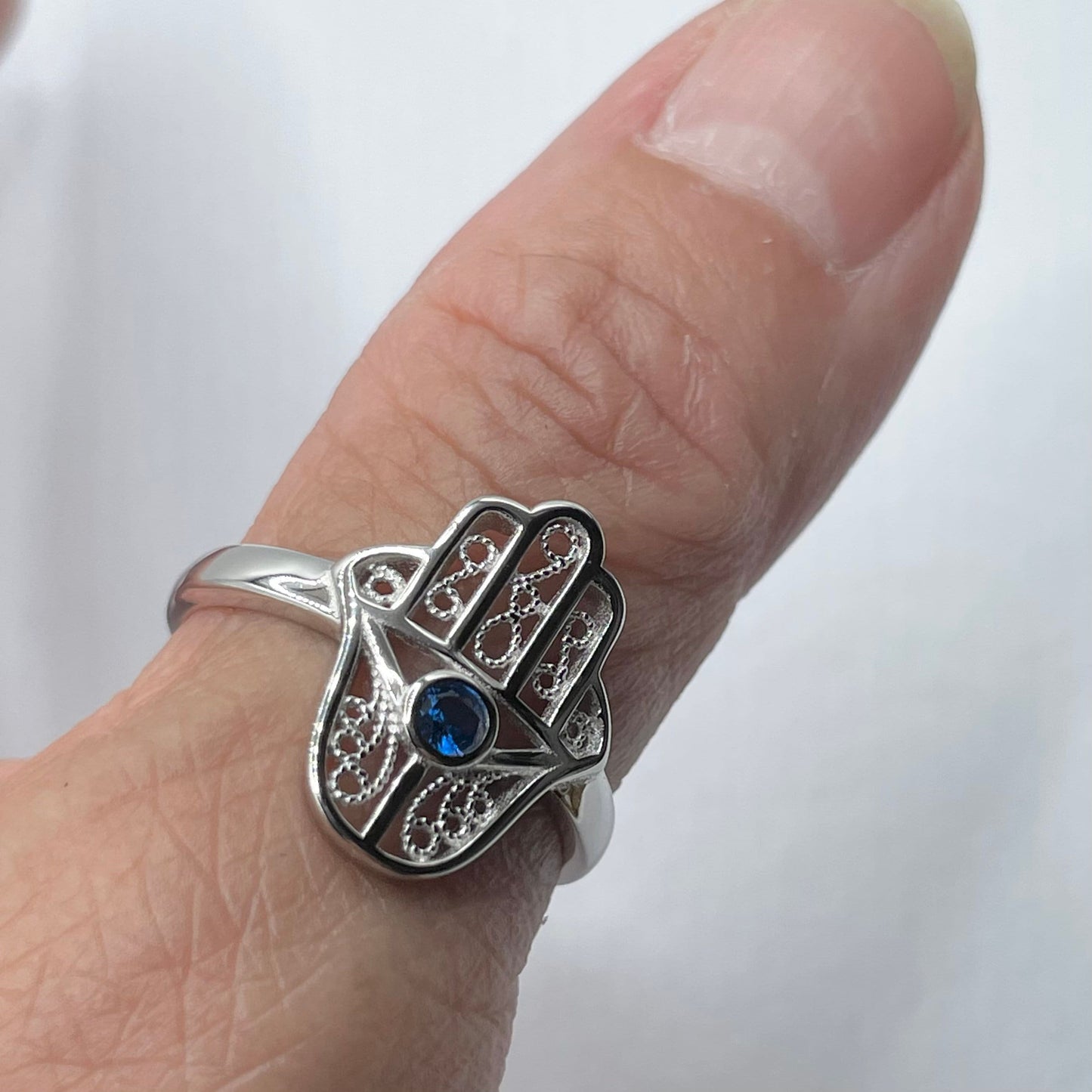 Sterling Silver Hamsa Ring: Blue Sapphire CZ, Hand of God