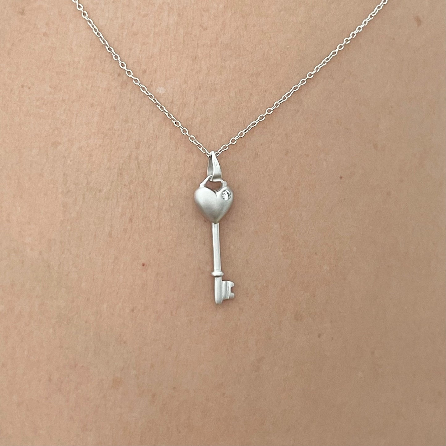Sterling Silver CZ Heart Key Pendant and Necklace, Silver Love Necklace, Heart Necklace, Key Pendant, Key to my Heart Ring, Silver Necklace.