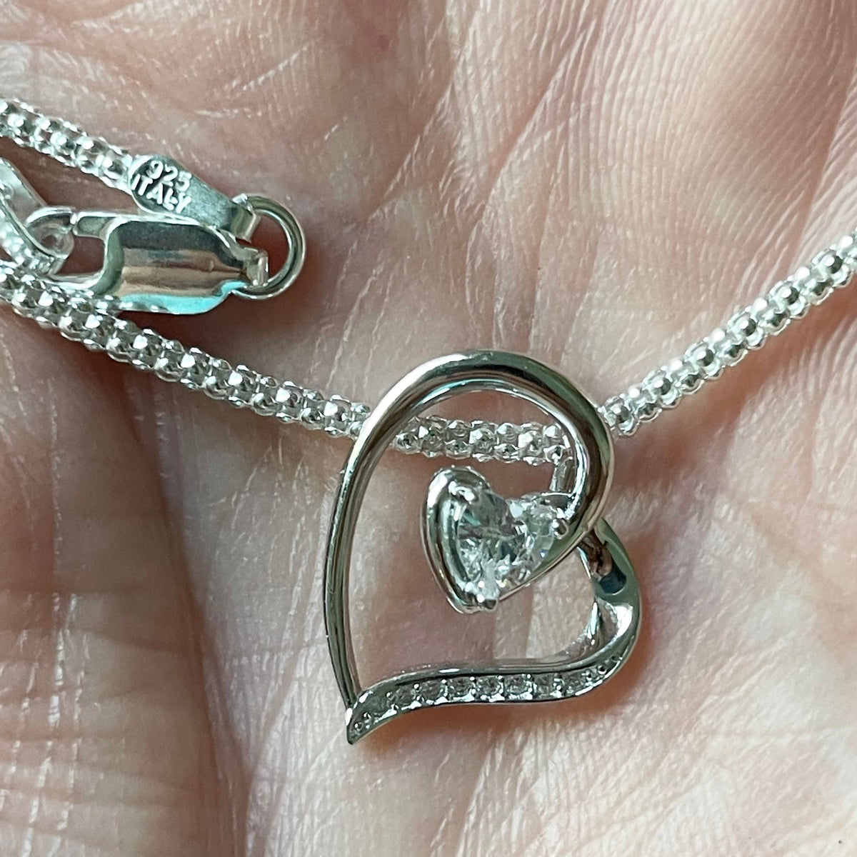 Sterling Silver CZ Heart Pendant Necklace - Italian Box Chain