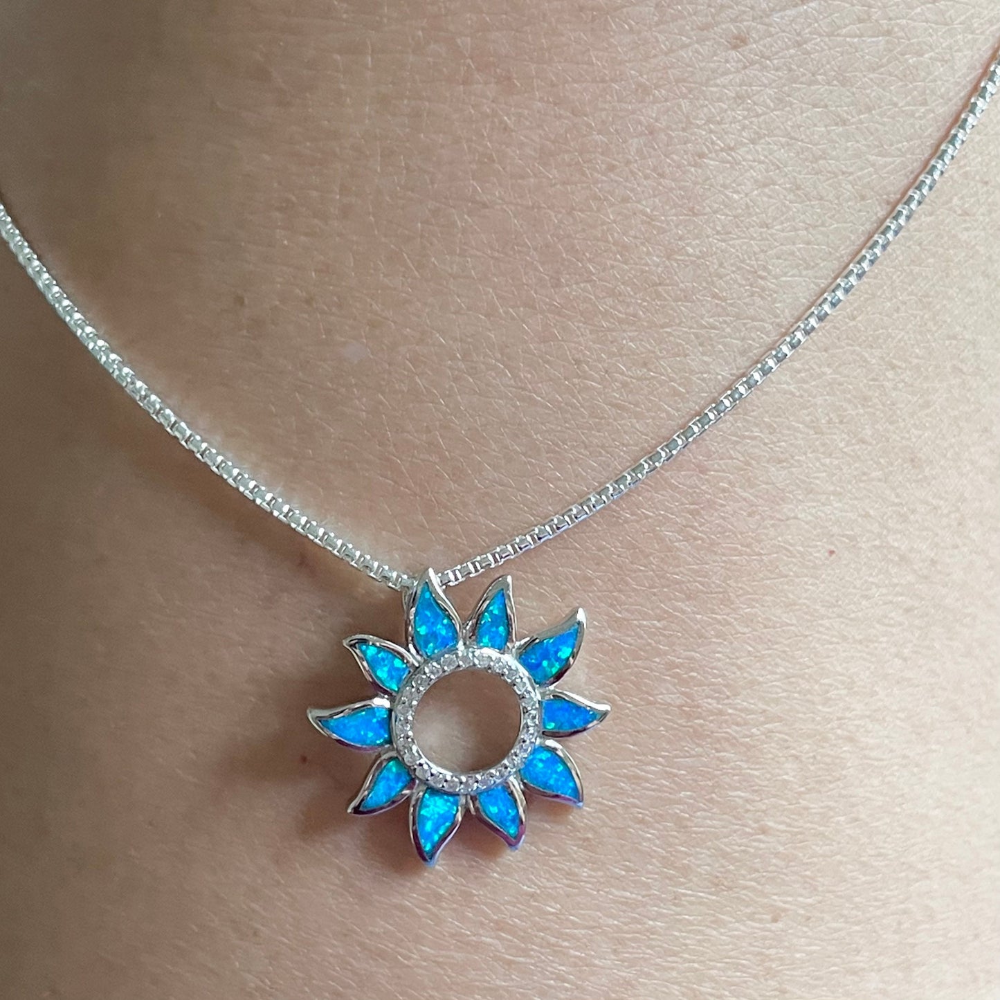 Sunflower Blue Opal Sterling Silver Pendant Necklace, Sun Chain, Sunflower Necklace, Sun Necklace, Opal Pendant, Silver Necklace, CZ Pendant