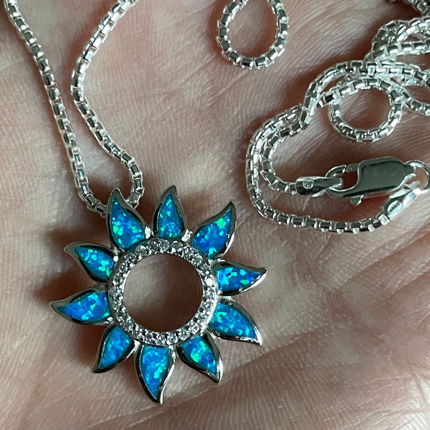 Sunflower Blue Opal Sterling Silver Pendant Necklace, Sun Chain, Sunflower Necklace, Sun Necklace, Opal Pendant, Silver Necklace, CZ Pendant