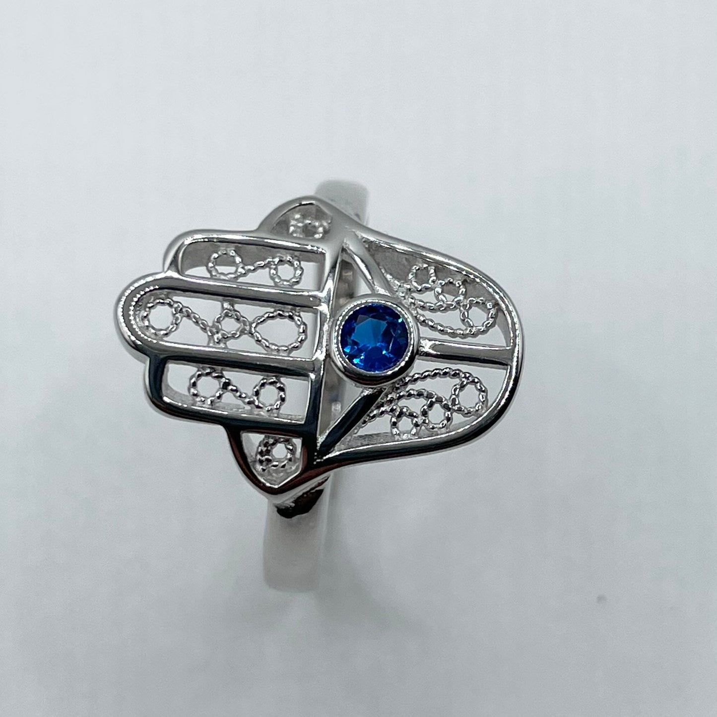 Sterling Silver Hamsa small Blue Sapphire Ring, Hand of God Ring, Hamsa Hand Silver Ring, Protective Silver Ring, Silver Blue Sapphire Ring