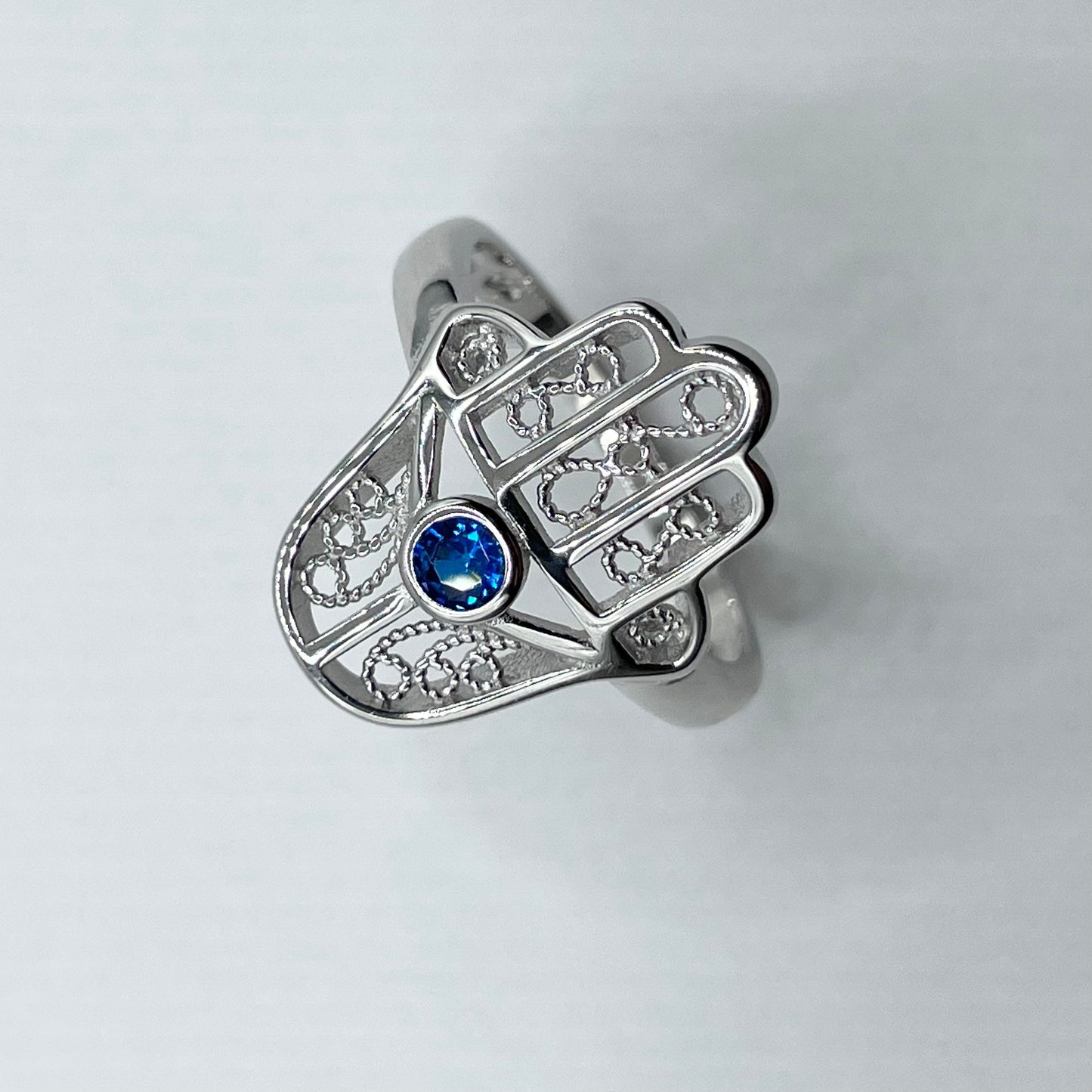 Sterling Silver Hamsa small Blue Sapphire Ring, Hand of God Ring, Hamsa Hand Silver Ring, Protective Silver Ring, Silver Blue Sapphire Ring