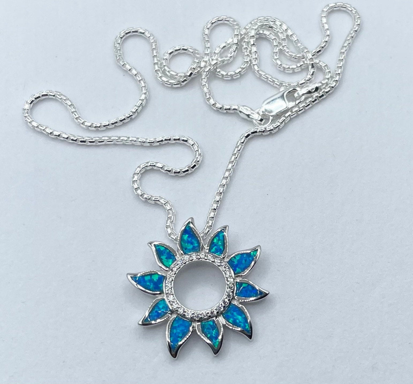 Sunflower Blue Opal Sterling Silver Pendant Necklace, Sun Chain, Sunflower Necklace, Sun Necklace, Opal Pendant, Silver Necklace, CZ Pendant
