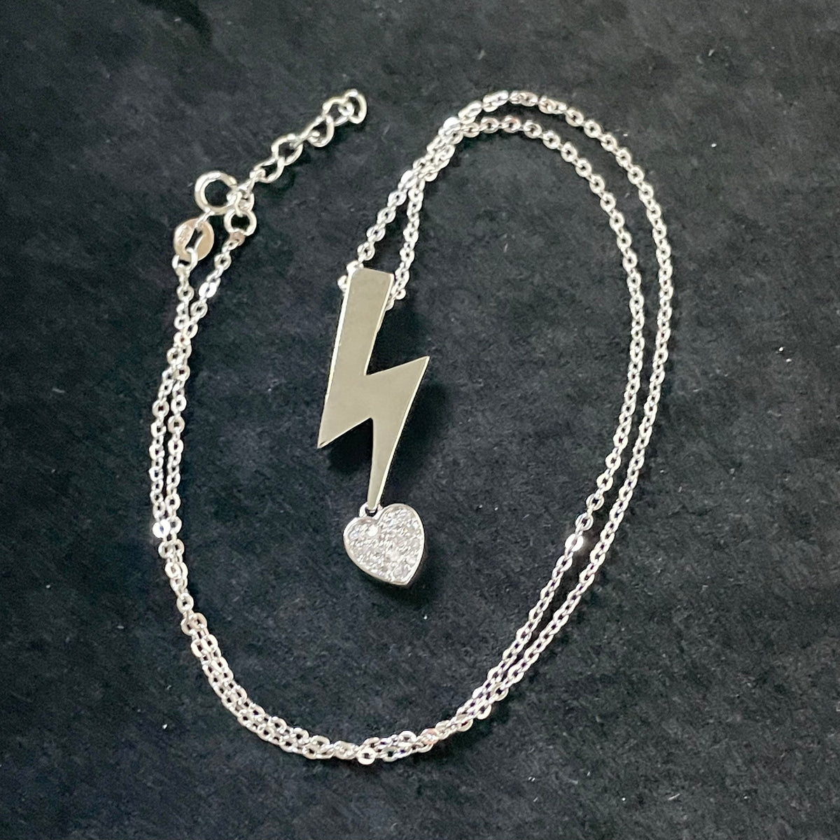 Sterling Silver Lightning Bolt Necklace: CZ Heart Pendant, Flash Necklace