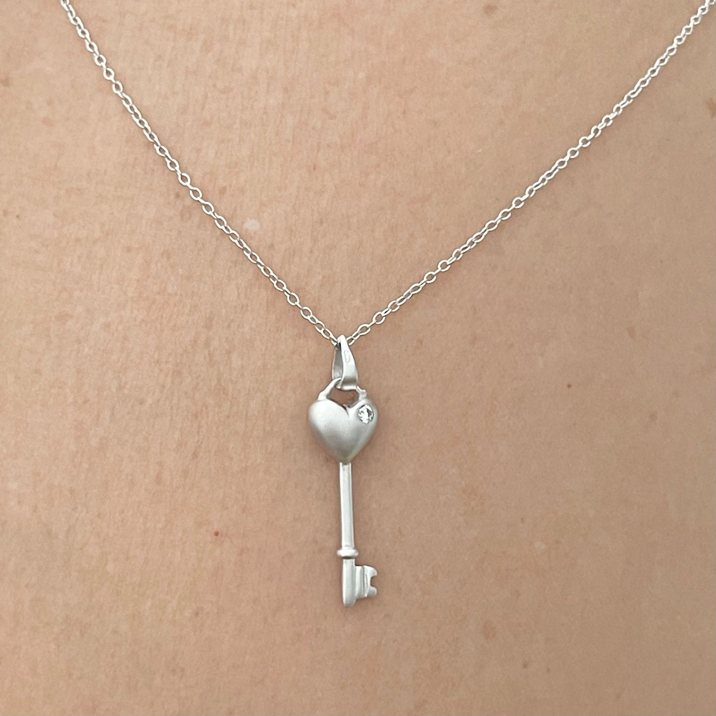 Sterling Silver CZ Heart Key Pendant and Necklace, Silver Love Necklace, Heart Necklace, Key Pendant, Key to my Heart Ring, Silver Necklace.
