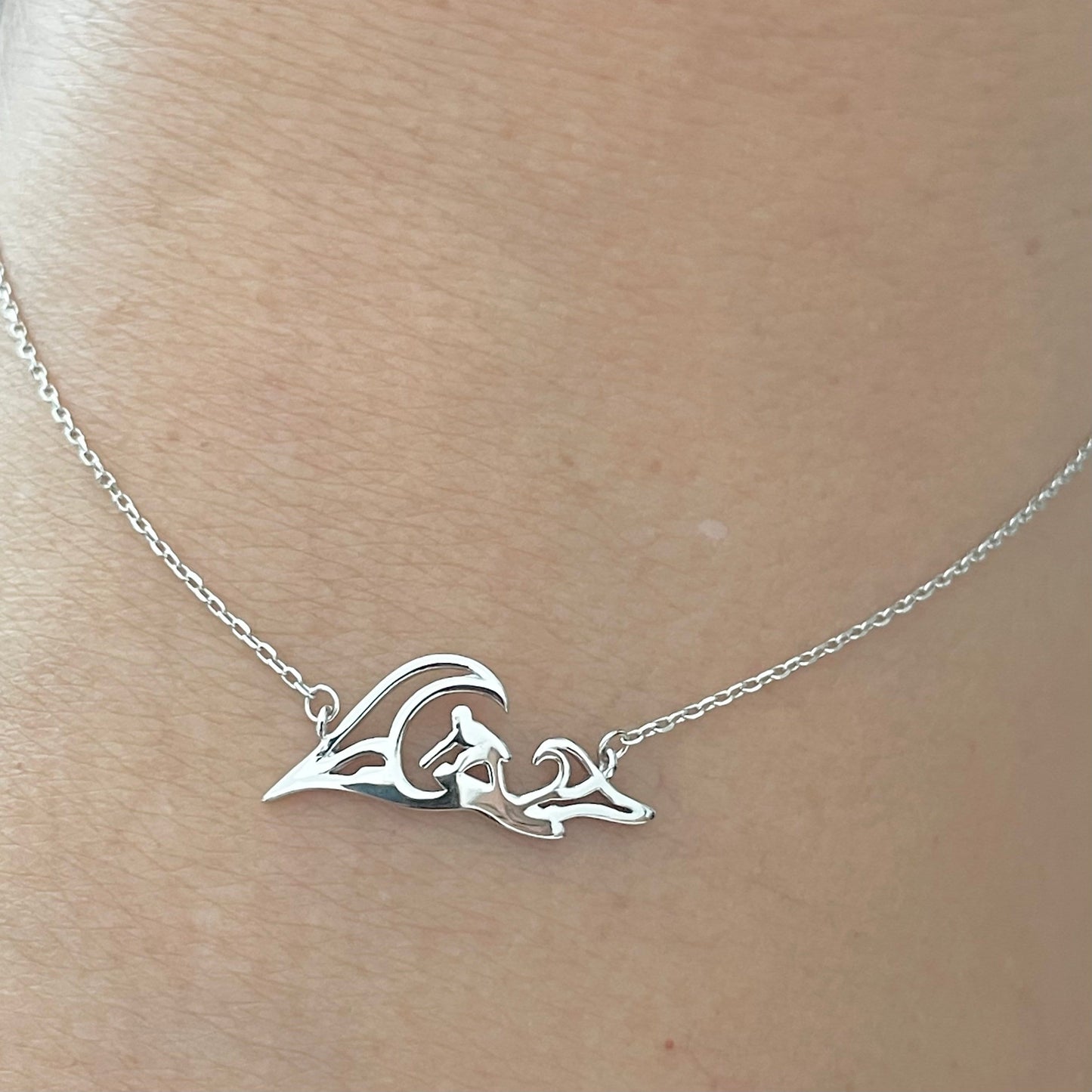 Sterling Silver Surfer Wave Pendant Necklace - Beach Jewelry