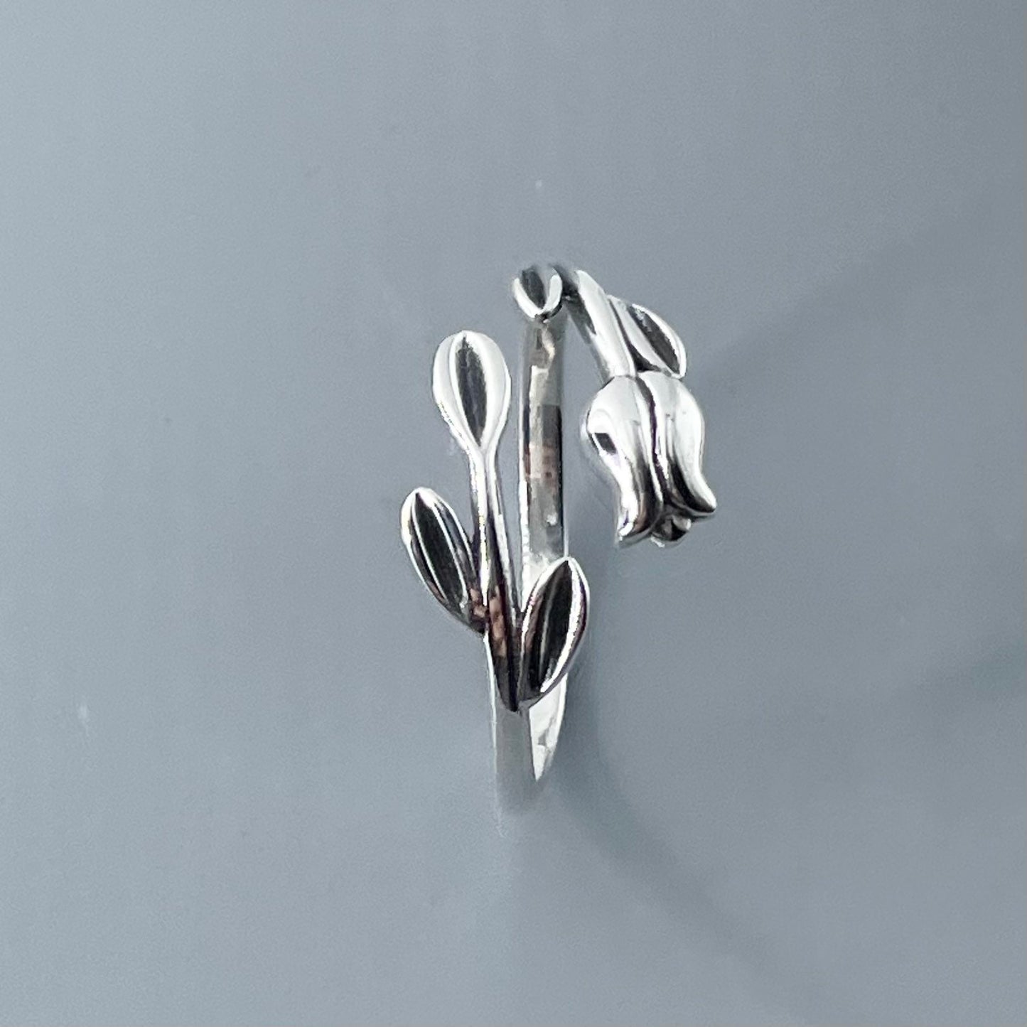 Sterling Silver Tulip Ring: Dainty Floral Band, Oxidized Finish