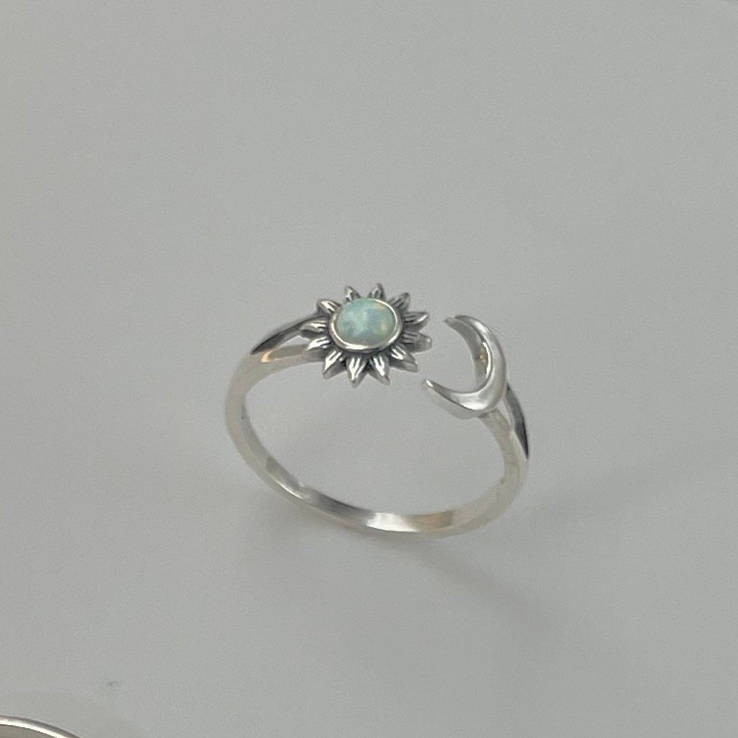 Sun and Moon White or Blue Opal Sterling Silver Ring, Opal Ring, Sun Ring, Moon Silver Ring, Celestial Ring, Sunflower Silver Ring, Sky Ring