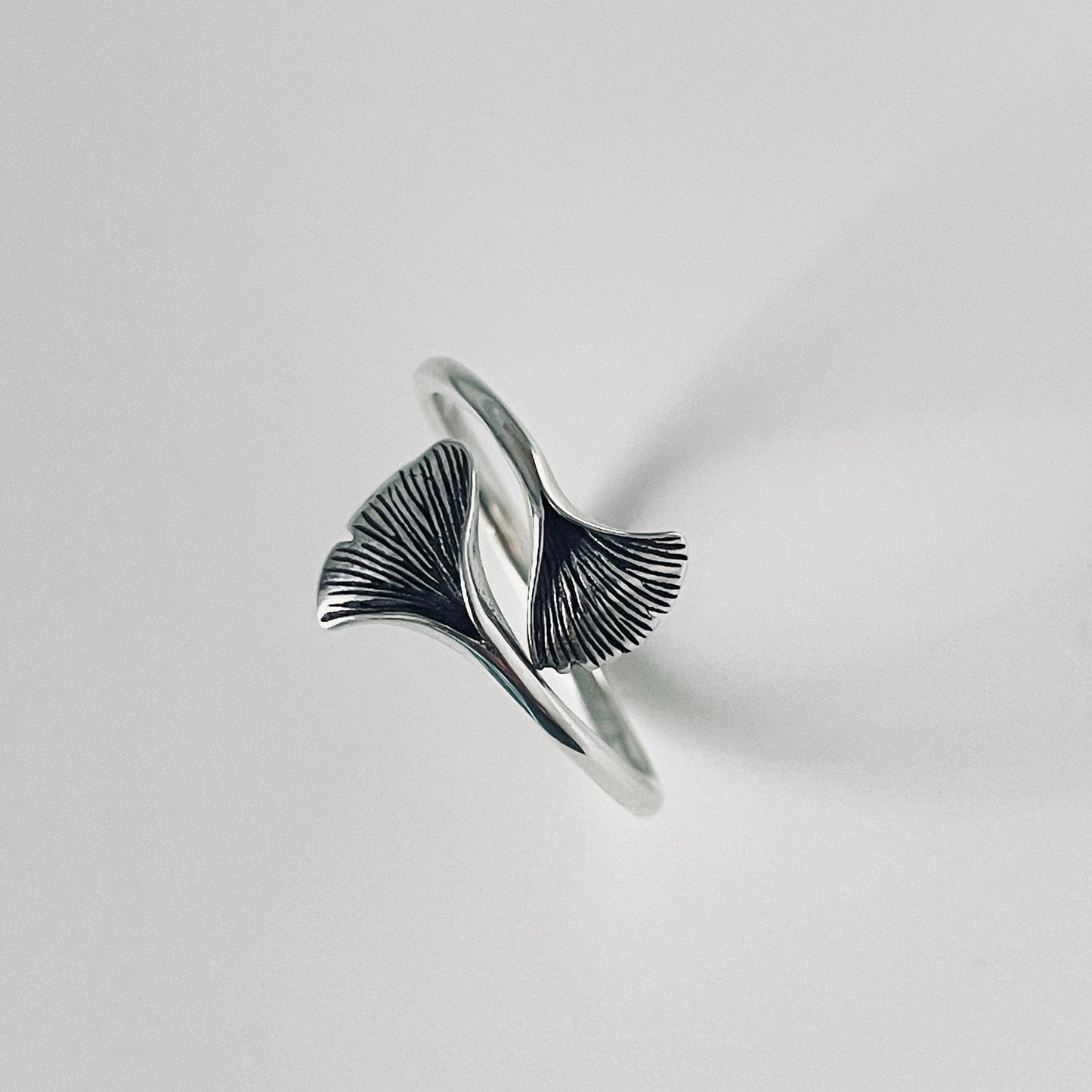 Oxidized Sterling Silver Ginkgo Leaf Ring: Wraparound Boho Style