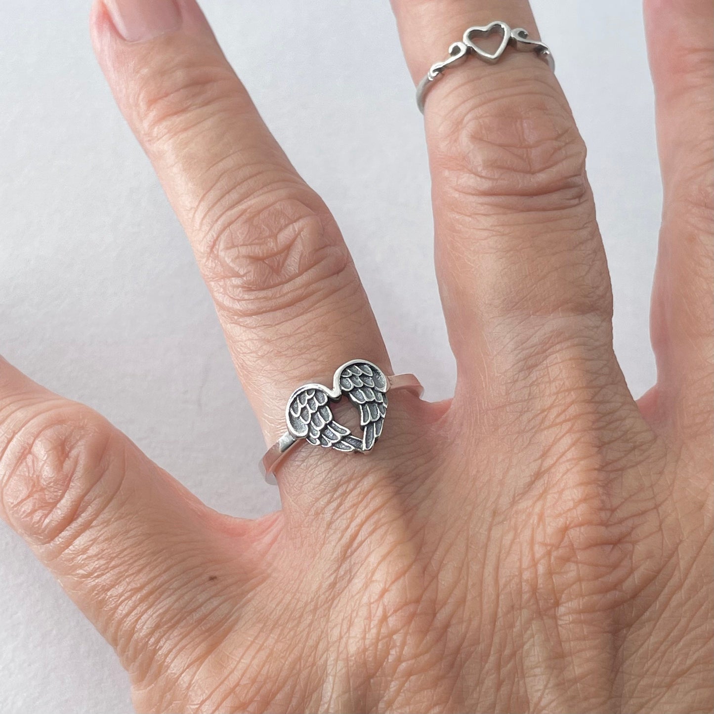 Sterling Silver Angel Wings Heart Ring: Boho Feather Jewelry