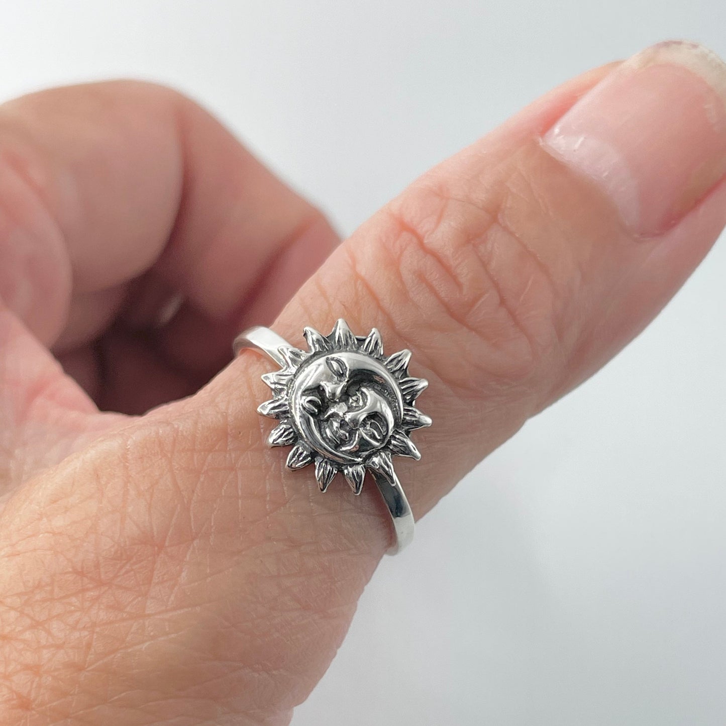 Oxidized Sterling Silver Sun and Moon Face Ring