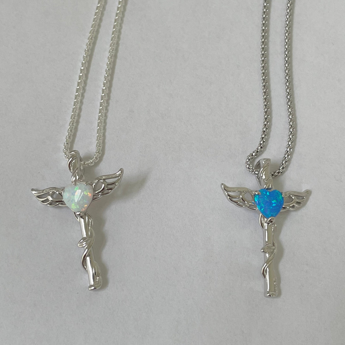 Sterling Silver Opal Heart Angel Wing Cross Necklace