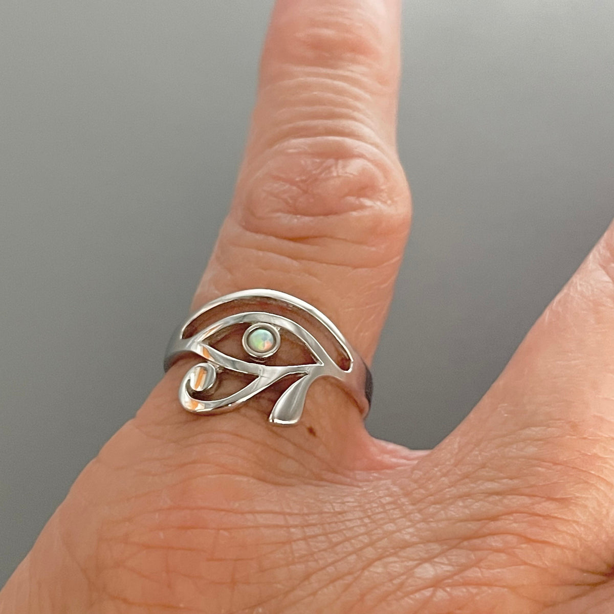 Sterling Silver Fire Opal Eye of Horus Ring - Egyptian Ra Protection