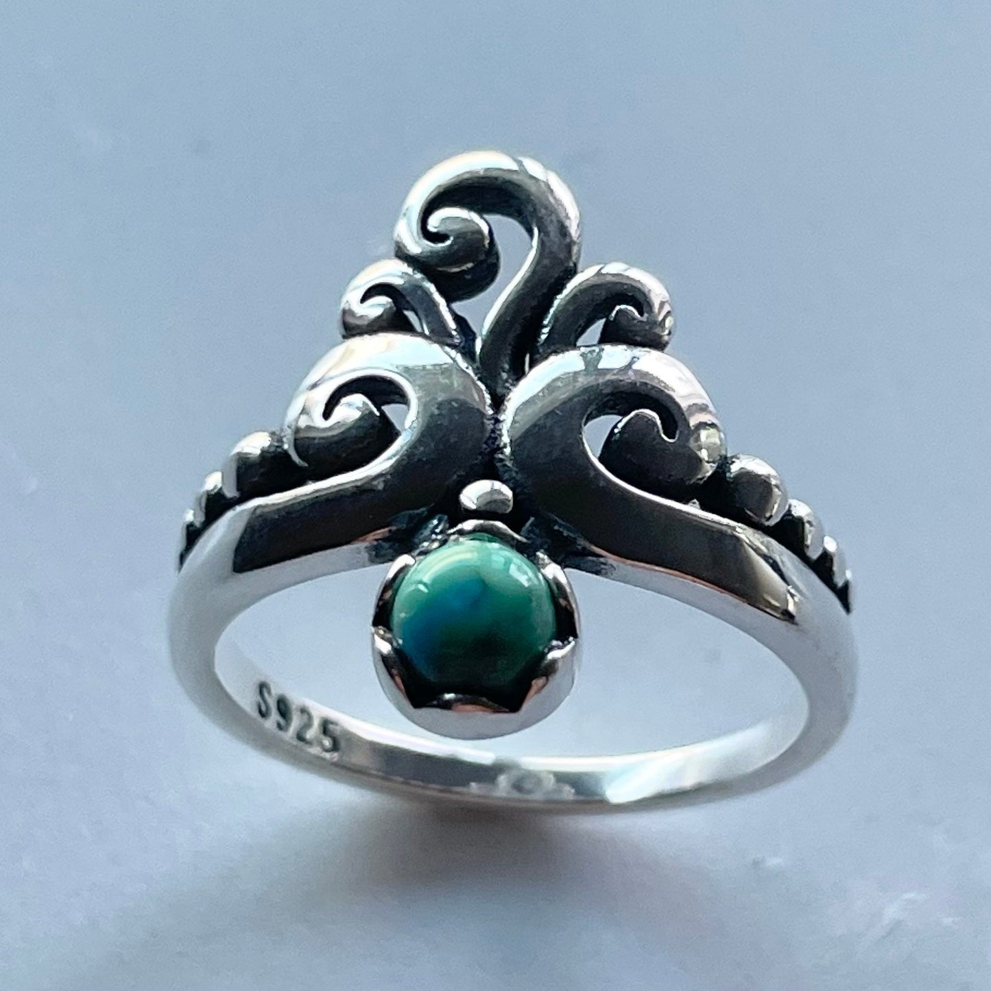 Swirl Sterling Silver Ring: Turquoise or Black Agate Crown Ring