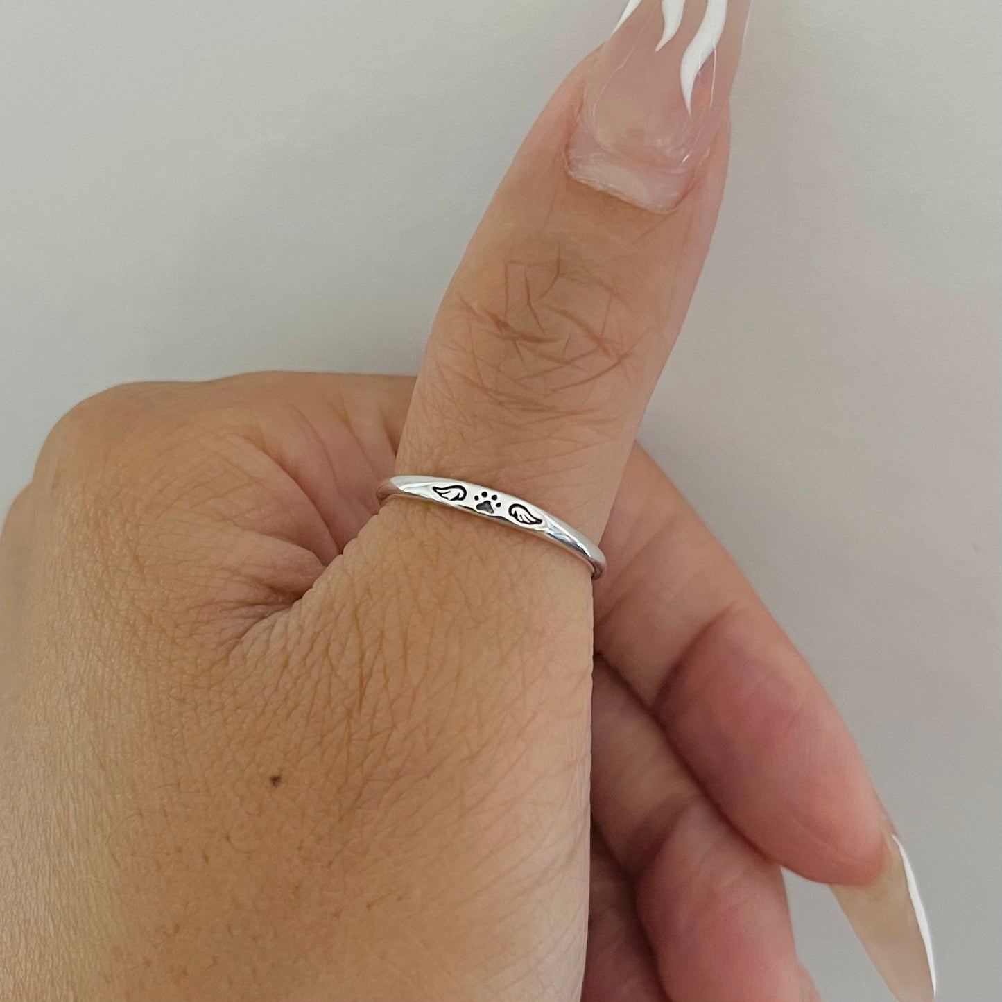 Sterling Silver Unisex Paw Print Angel Wings Ring: Dainty Midi Ring