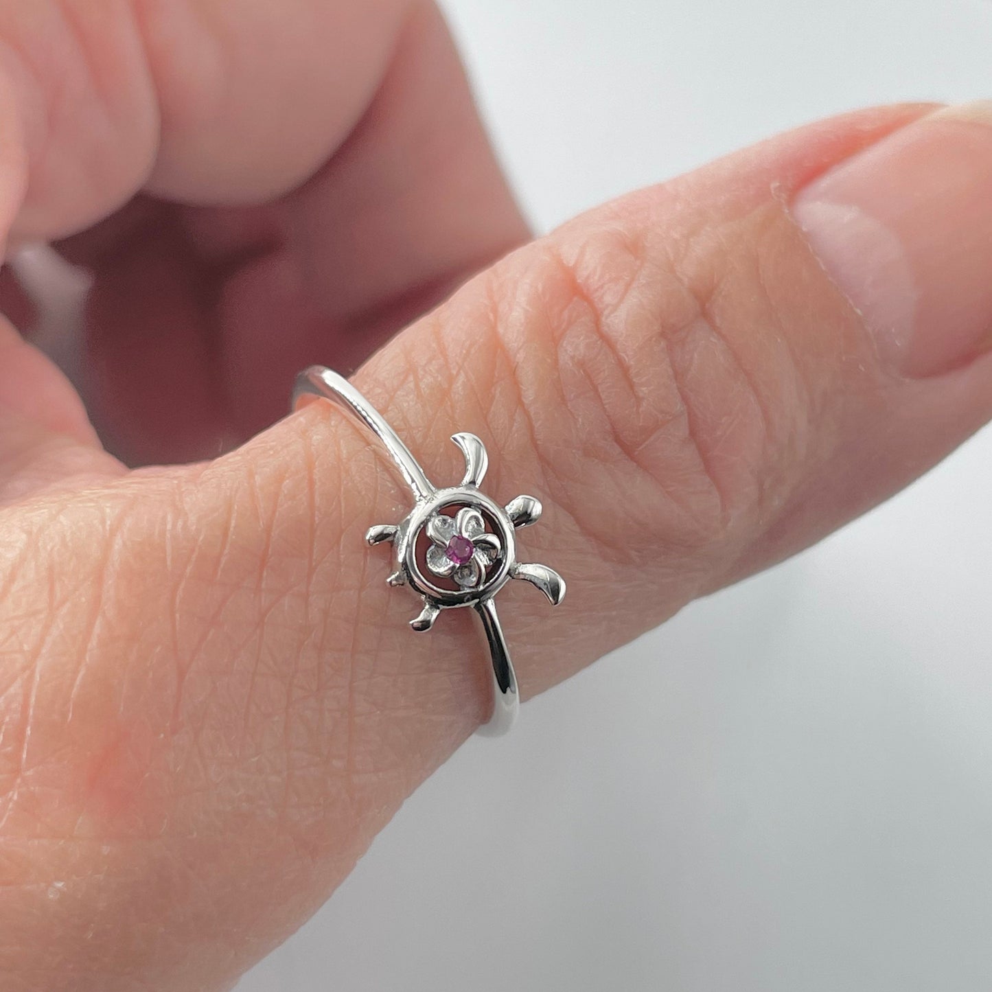 Sterling Silver Dainty Plumeria Flower Turtle Ring, Flower Ring, Plumeria Ring, CZ Ruby Ring, Silver Ring, Silver Turtle Ring, Ocean Ring
